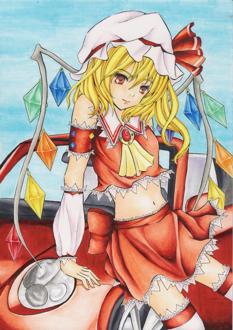 conductance, flandre scarlet, daihatsu, touhou, traditional media, 1girl, adapted costume, blonde hair, car, daihatsu copen, female focus, hat, midriff, motor vehicle, navel, red eyes, solo, thighhighs