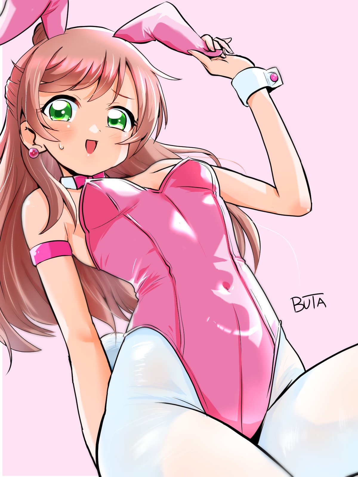 buta obutu, nijigaoka mashiro, hirogaru sky! precure, precure, highres, 1girl, animal ears, bare shoulders, bow, breasts, cleavage, detached collar, earrings, fake animal ears, green eyes, hair bow, jewelry, leotard, long hair, looking at viewer, open mouth, pantyhose, pink background, pink hair, pink leotard, playboy bunny, rabbit ears, signature, smile, strapless, strapless leotard, white pantyhose, wrist cuffs