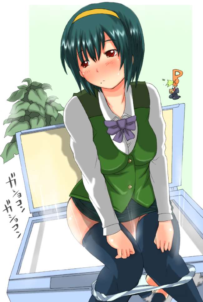 shiina you (tomoshibi), otonashi kotori, p-head producer, producer (idolmaster), idolmaster, idolmaster (classic), idolmaster 1, 00s, 1boy, 1girl, black thighhighs, blush, green hair, hairband, mole, mole under mouth, neck ribbon, panties, panty pull, pencil skirt, photocopier, photocopying self, ribbon, shirt, skirt, thighhighs, underwear, vest, white shirt