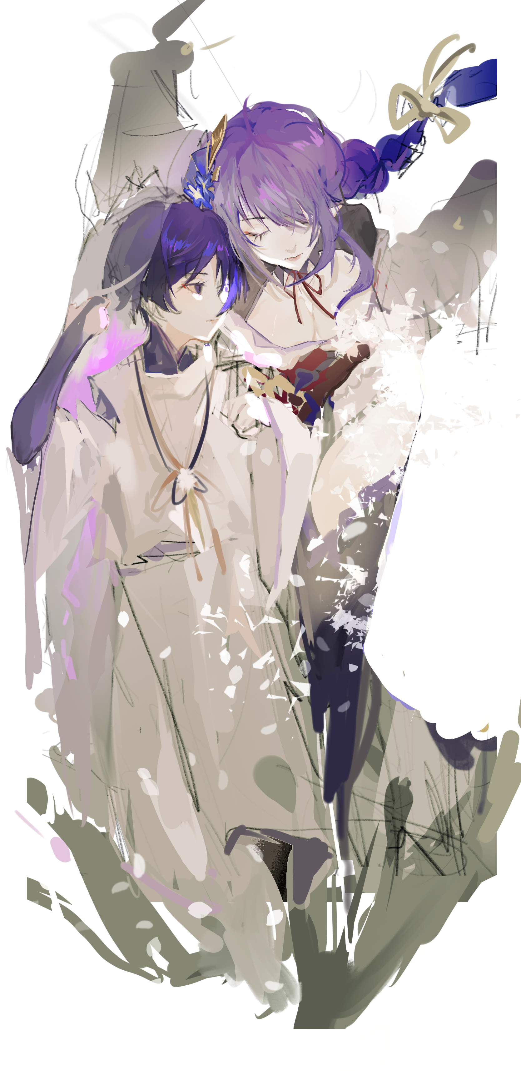 raiden shogun, scaramouche (genshin impact), scaramouche (kabukimono) (genshin impact), genshin impact, absurdres, chinese commentary, highres, 1boy, 1girl, age difference, bent over, black thighhighs, blue hair, blunt bangs, braid, breasts, bridal gauntlets, cleavage, closed eyes, closed mouth, clothing cutout, eyeliner, fan hair ornament, floating hair, flower ornament, full body, hair between eyes, hair floating upwards, hair ornament, hair ribbon, height difference, huge breasts, japanese clothes, jewelry, kimono, leaning forward, long braid, long hair, long sleeves, looking to the side, makeup, mole, mole under eye, mother and son, neck ribbon, necklace, off shoulder, purple hair, purple kimono, red eyeliner, red ribbon, red sash, ribbon, sash, see-through clothes, see-through veil, shade, short hair, shoulder cutout, single braid, standing, thick thighs, thighhighs, thighs, veil, white background, wide sleeves, xie4577673