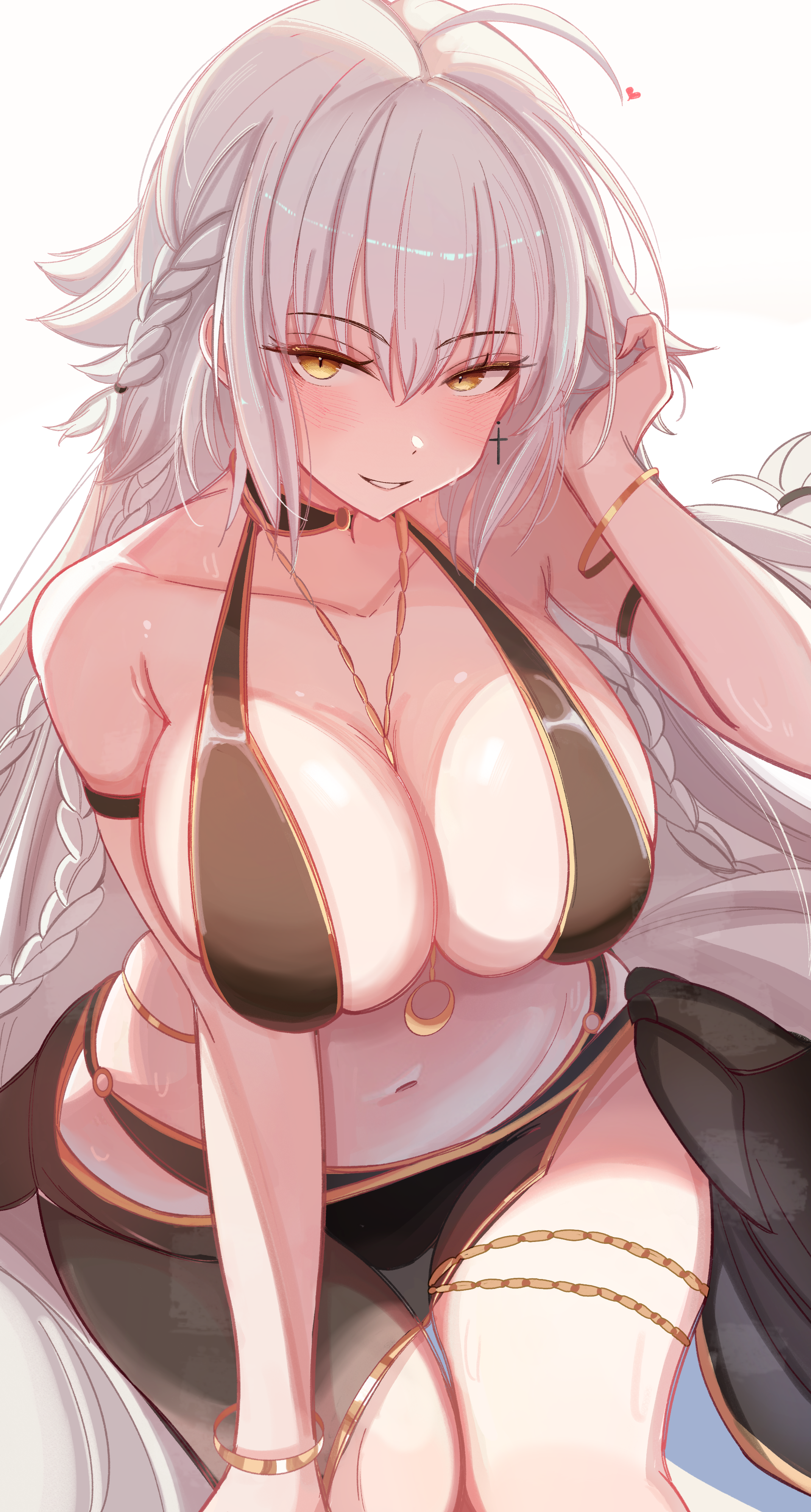 0nineo9, jeanne d'arc alter (fate), jeanne d'arc alter (festival outfit) (fate), jeanne d'arc alter (swimsuit berserker) (fate), fate/grand order, fate (series), absurdres, highres, 1girl, ahoge, arm strap, bare shoulders, bikini, black bikini, blush, bracelet, braid, breasts, cleavage, gold trim, grey hair, grin, jewelry, large breasts, long hair, looking at viewer, multiple braids, navel, necklace, sarong, smile, solo, swimsuit, thighs, very long hair, yellow eyes