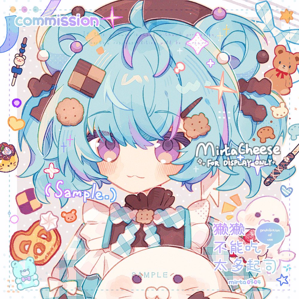 mirta, original, commentary, commission, symbol-only commentary, 1girl, :3, blue hair, blue shirt, blush, checkerboard cookie hair ornament, closed mouth, cookie hair ornament, double bun, food-themed hair ornament, grey background, hair bun, hair ornament, multicolored hair, polka dot, polka dot background, portrait, purple eyes, purple hair, shirt, short hair, solo, streaked hair, stuffed animal, stuffed toy, teddy bear, two-tone hair, watermark