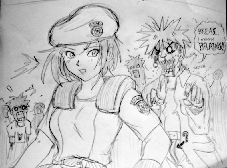 jill valentine, resident evil, 1girl, beret, female focus, hat, monochrome, solo, surprised, zombie