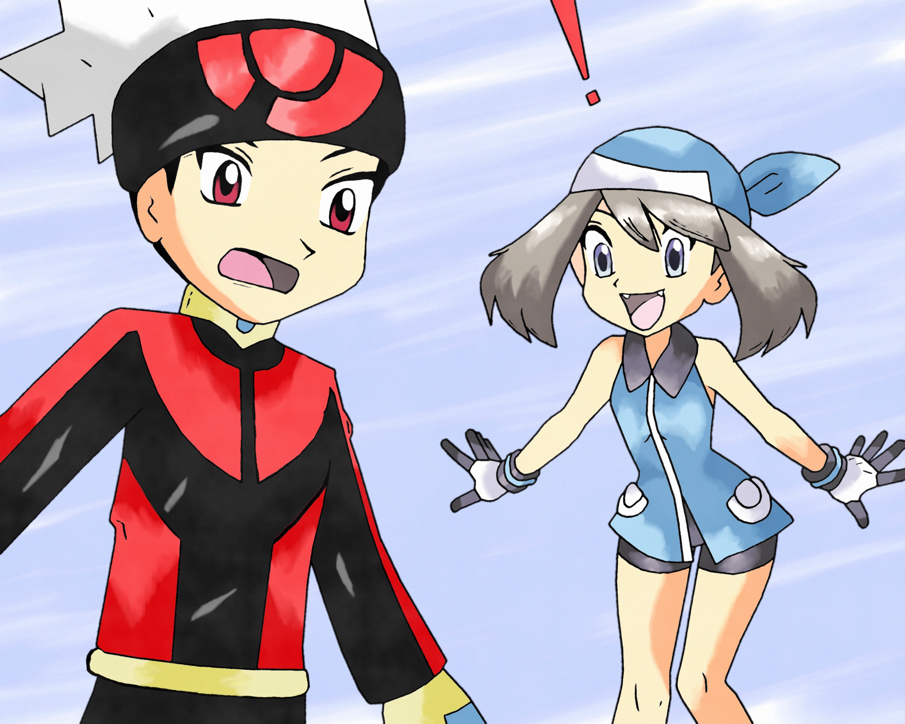 brendan (pokemon), may (pokemon), nintendo, pokemon, pokemon adventures, absurdres, highres, 1boy, 1girl, amayzing2002, bandana, bike shorts, black hair, blue bandana, blue dress, blue shirt, brown hair, dress, fang, gloves, hat, open mouth, red eyes, shirt, short hair