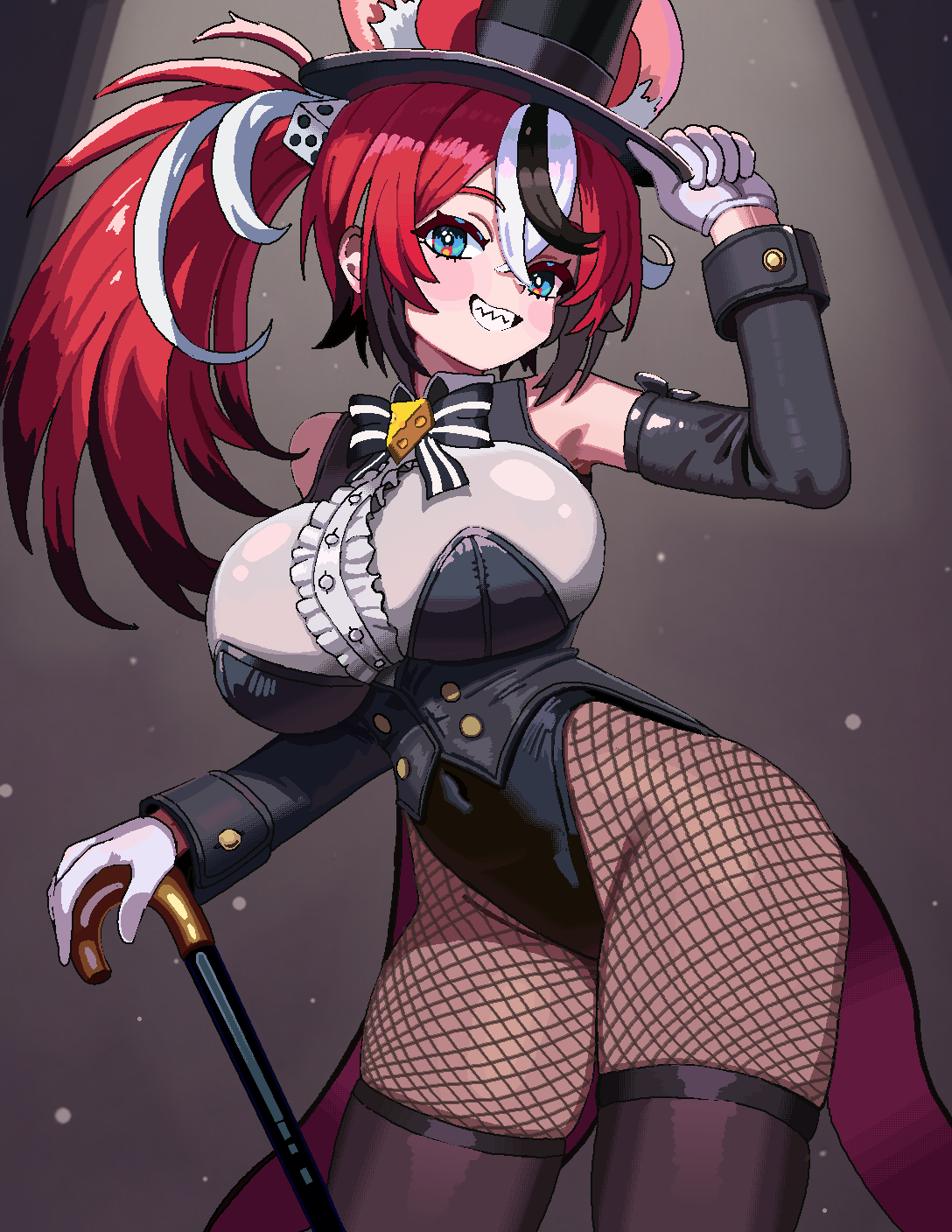 cl oor, hakos baelz, hololive, hololive english, commentary, highres, 1girl, alternate breast size (larger), alternate costume, animal ears, black coat, black streaks, blue eyes, bow, bowtie, breasts, brown thighhighs, cane, center frills, coat, covered navel, detached sleeves, dice hair ornament, ears through headwear, extra ears, fishnet pantyhose, fishnets, frills, gloves, grin, hair ornament, hat, holding, holding cane, huge breasts, long hair, looking at viewer, mouse ears, mouse girl, multicolored hair, open mouth, pantyhose, red hair, sharp teeth, shirt, smile, solo, spotlight, standing, streaked hair, striped bow, striped bowtie, striped clothes, tailcoat, teeth, thighhighs, top hat, virtual youtuber, white gloves, white shirt, white streaks