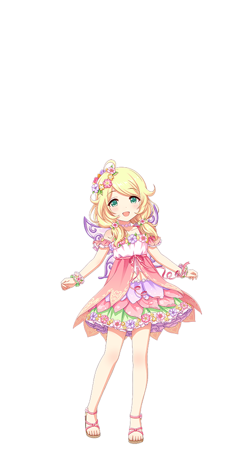 yusa kozue, idolmaster, idolmaster cinderella girls, idolmaster cinderella girls starlight stage, official art, 1girl, blonde hair, dress, flower wreath, full body, green eyes, idol clothes, low twintails, open mouth, sandals, solo, toes, transparent background, twintails, wings, wrist cuffs