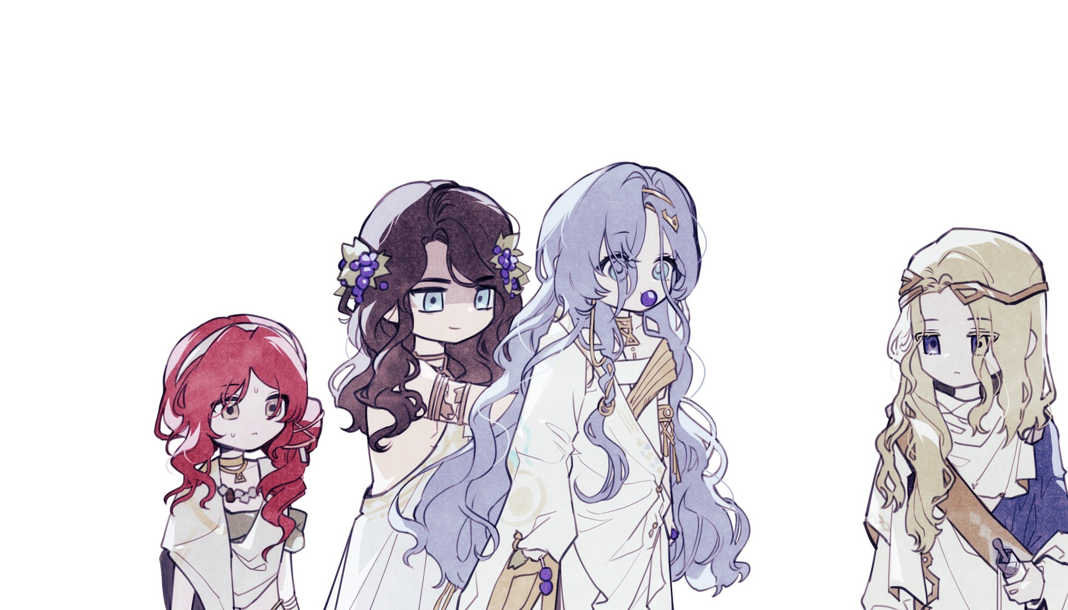 yayaho, 210 (reverse:1999), 37 (reverse:1999), 6 (reverse:1999), sophia (reverse:1999), reverse:1999, highres, 2boys, 2girls, :<, ancient greek clothes, armlet, behind another, blue eyes, brown hair, carrying, carrying person, circlet, closed mouth, food-themed hair ornament, food in mouth, gold choker, grape hair ornament, greco-roman clothes, green eyes, hair bun, hair ornament, hairband, himation, holding, holding scroll, jewelry, long hair, multiple boys, multiple girls, scroll, single side bun, smile, sweat, toga, very long hair, white background, white hairband