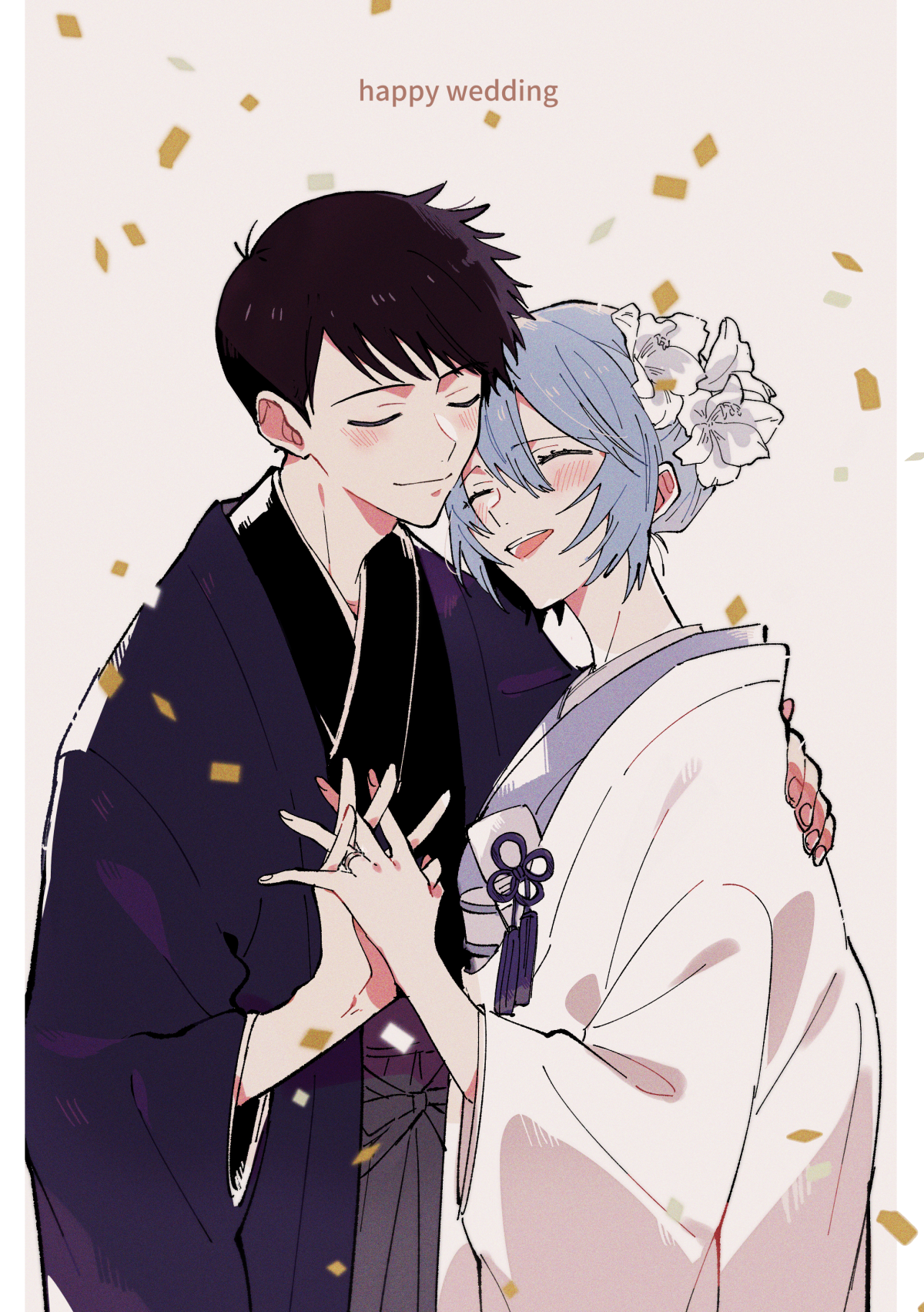 yoshio 296, ayanami rei, ikari shinji, neon genesis evangelion, highres, 1boy, black hair, blue hair, blush, bride, closed eyes, confetti, dress, flower, groom, hair flower, hair ornament, hand on another's back, holding hands, japanese clothes, jewelry, kimono, open mouth, ring, smile, uchikake, wedding, wedding dress, wedding ring, white flower, white kimono