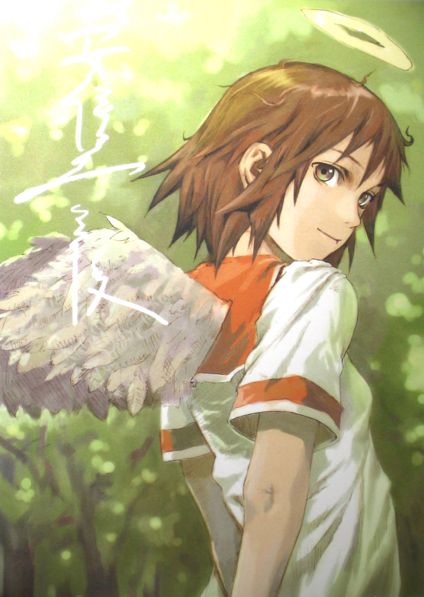 abe yoshitoshi, rakka (haibane renmei), haibane renmei, highres, 00s, 1girl, angel wings, brown eyes, brown hair, female focus, halo, looking back, messy hair, sailor collar, school uniform, solo, static cling, traditional halo, wings