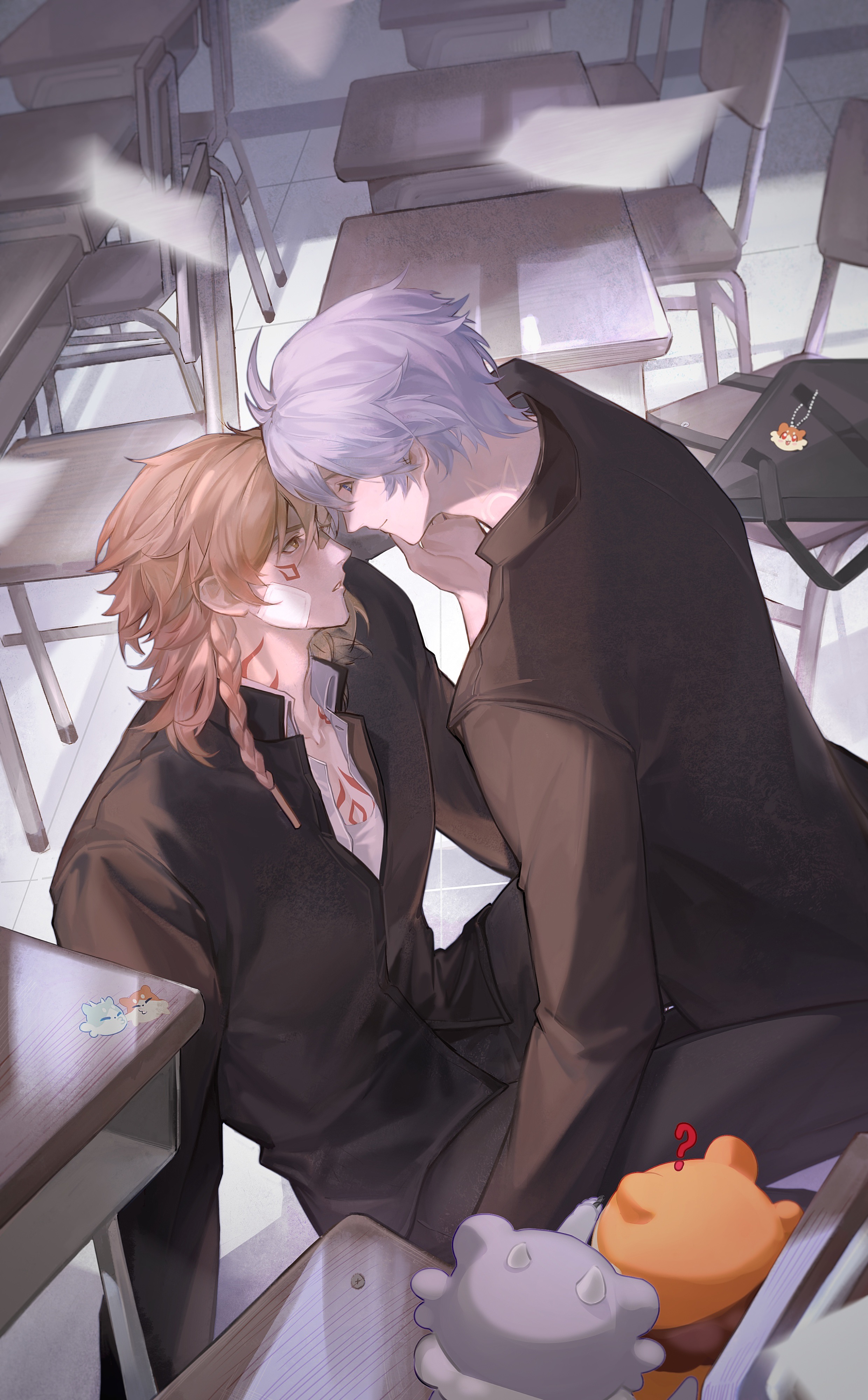 sheunsnzh, mydei (fig stew) (honkai: star rail), mydei (honkai: star rail), phainon (honkai: star rail), phainon (vigethos) (honkai: star rail), honkai: star rail, honkai (series), absurdres, chinese commentary, commentary request, highres, 2boys, antenna hair, bandaid, bandaid on face, black jacket, black pants, blonde hair, blue eyes, braid, chair, chest tattoo, chimera (honkai: star rail), desk, facial tattoo, falling paper, gradient hair, jacket, long sleeves, male focus, medium hair, multicolored hair, multiple boys, neck tattoo, pants, parted bangs, red hair, red tattoo, school chair, school desk, school uniform, short hair, side braid, sun symbol, sun tattoo, tan, tattoo, white hair, yaoi, yellow eyes