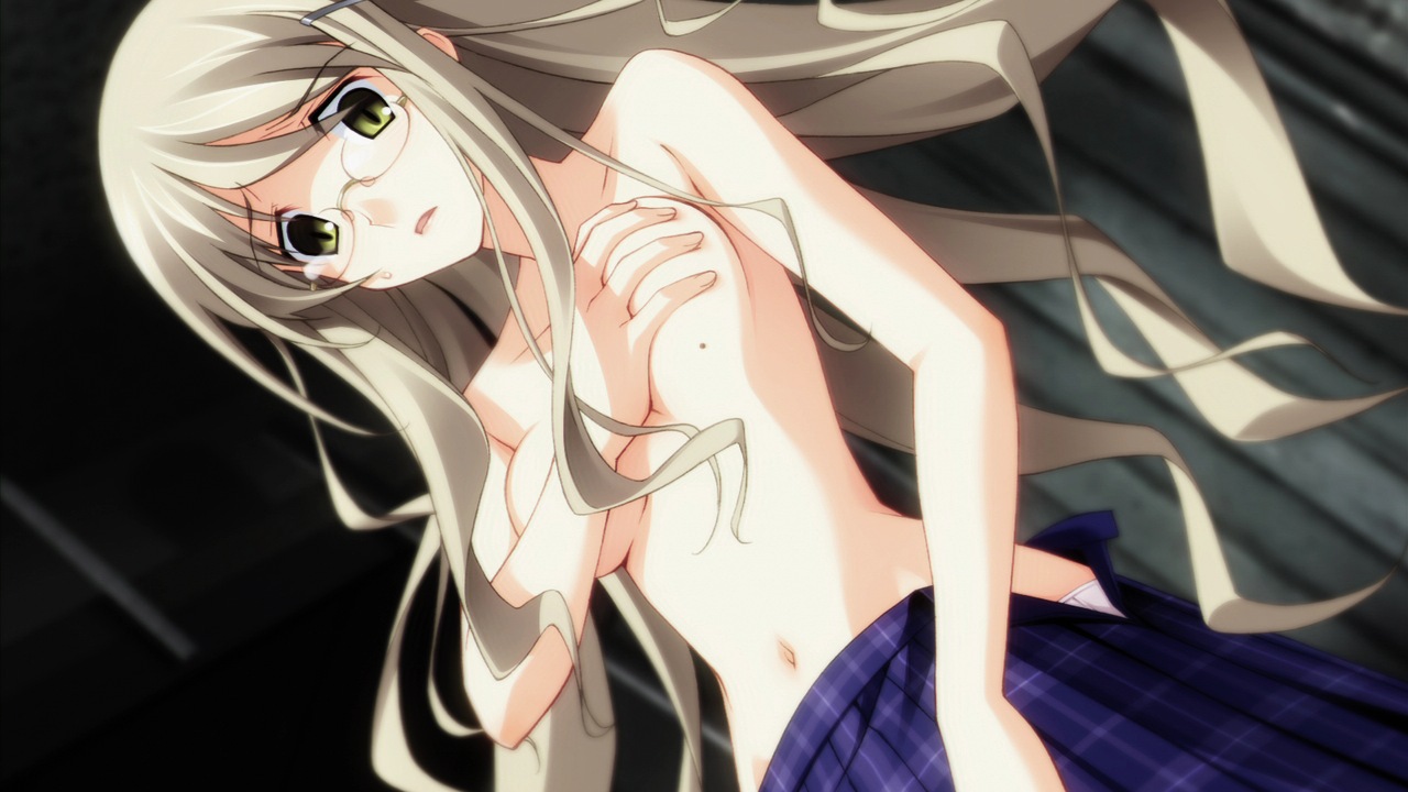 kusunoki yua, chaos;head, science adventure, breast hold, game cg, official art, 00s, 1girl, blonde hair, breasts, collarbone, covering breasts, covering privates, female focus, glasses, long hair, mole, mole on breast, navel, nude, off shoulder, open mouth, plaid clothes, plaid skirt, pleated skirt, school uniform, skirt, solo, topless female, undressing, yellow eyes
