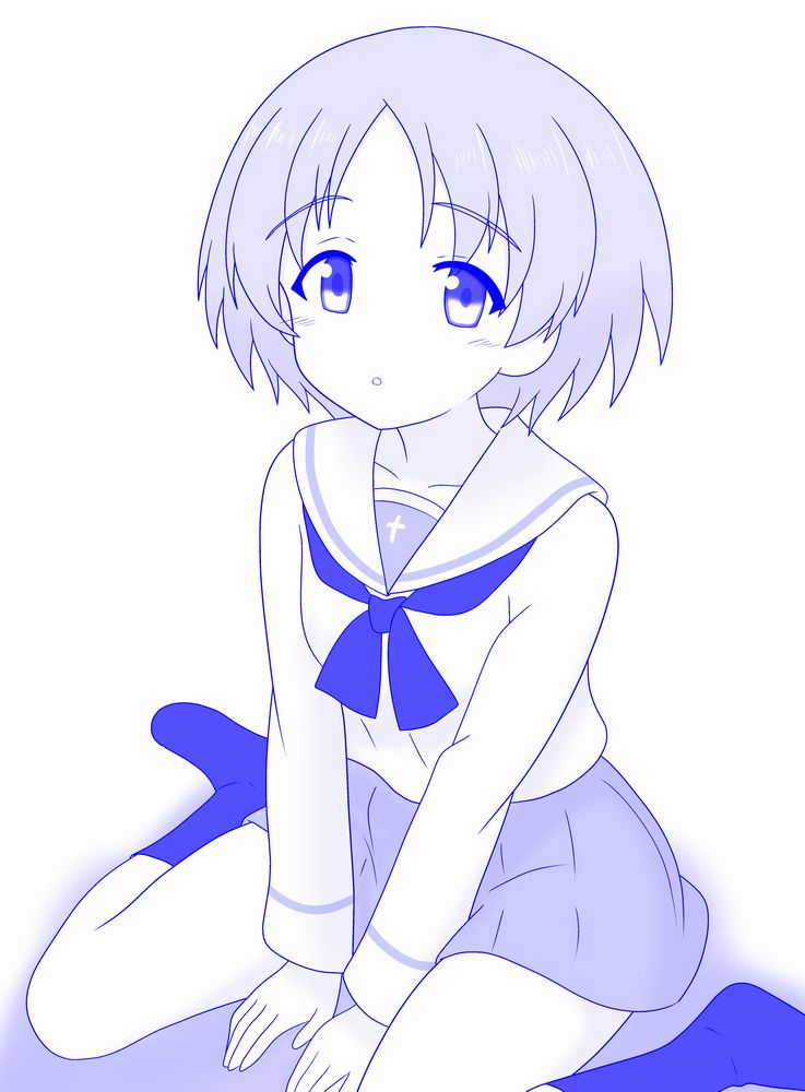 shira14, maruyama saki, girls und panzer, 1girl, blush, breasts, lineart, looking at viewer, miniskirt, monochrome, ooarai school uniform, open mouth, school uniform, short hair, simple background, sitting, skirt, small breasts, solo