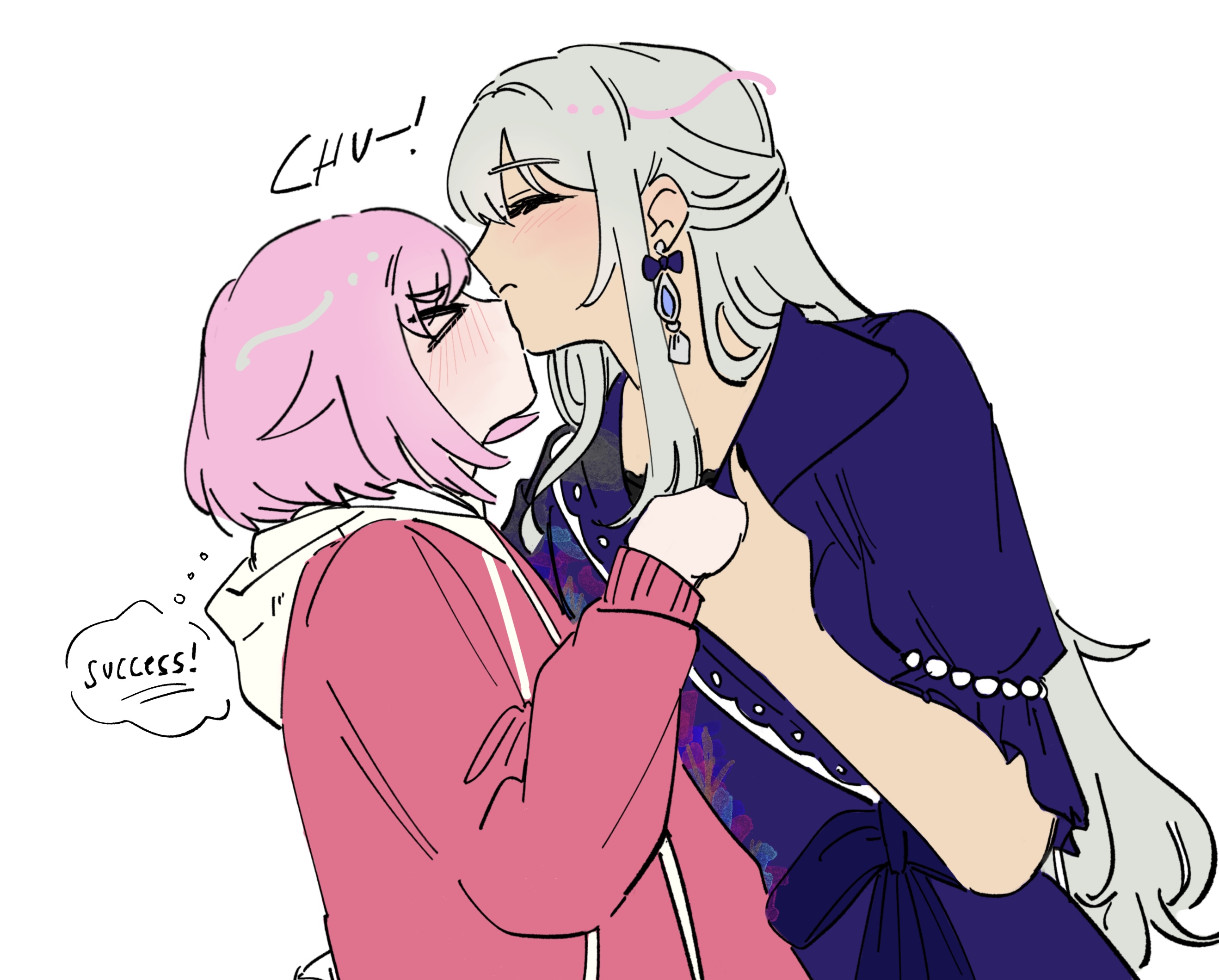 kcmvnd, kusanagi nene, ootori emu, project sekai, commentary, english commentary, highres, > <, 2girls, blush, closed eyes, dress, earrings, english text, green hair, holding hands, hood, hoodie, jewelry, kissing chin, long hair, multiple girls, pink hair, pink hoodie, purple dress, short hair, speech bubble, thought bubble, yuri
