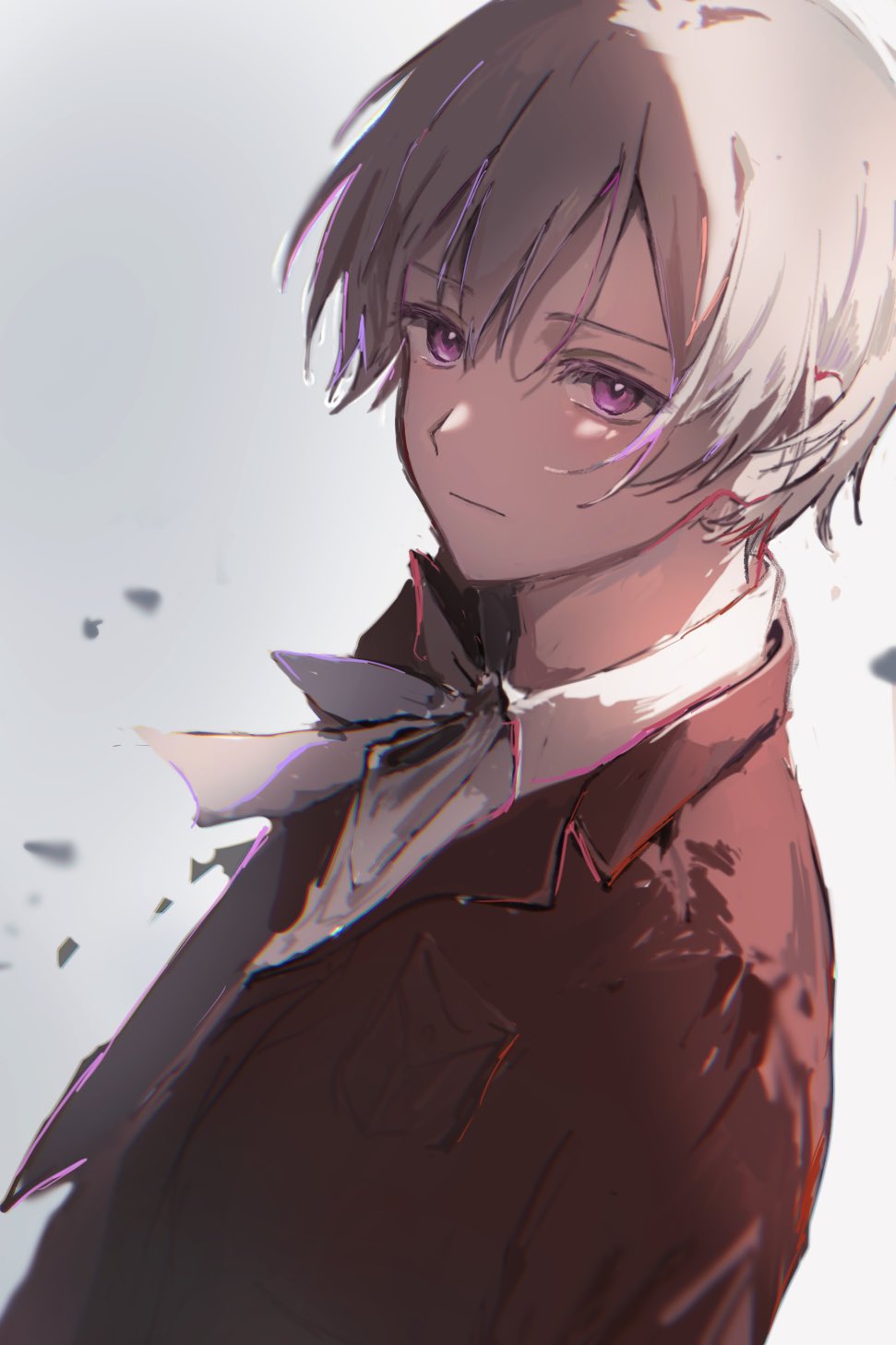 iceland (hetalia), axis powers hetalia, commentary request, highres, 1boy, backlighting, bow, bowtie, breast pocket, brown jacket, closed mouth, collared shirt, grey background, grey bow, grey bowtie, grey hair, hair between eyes, jacket, lapels, long sleeves, looking at viewer, male focus, open clothes, open jacket, pocket, purple eyes, shirt, short hair, simple background, solo, upper body, white shirt