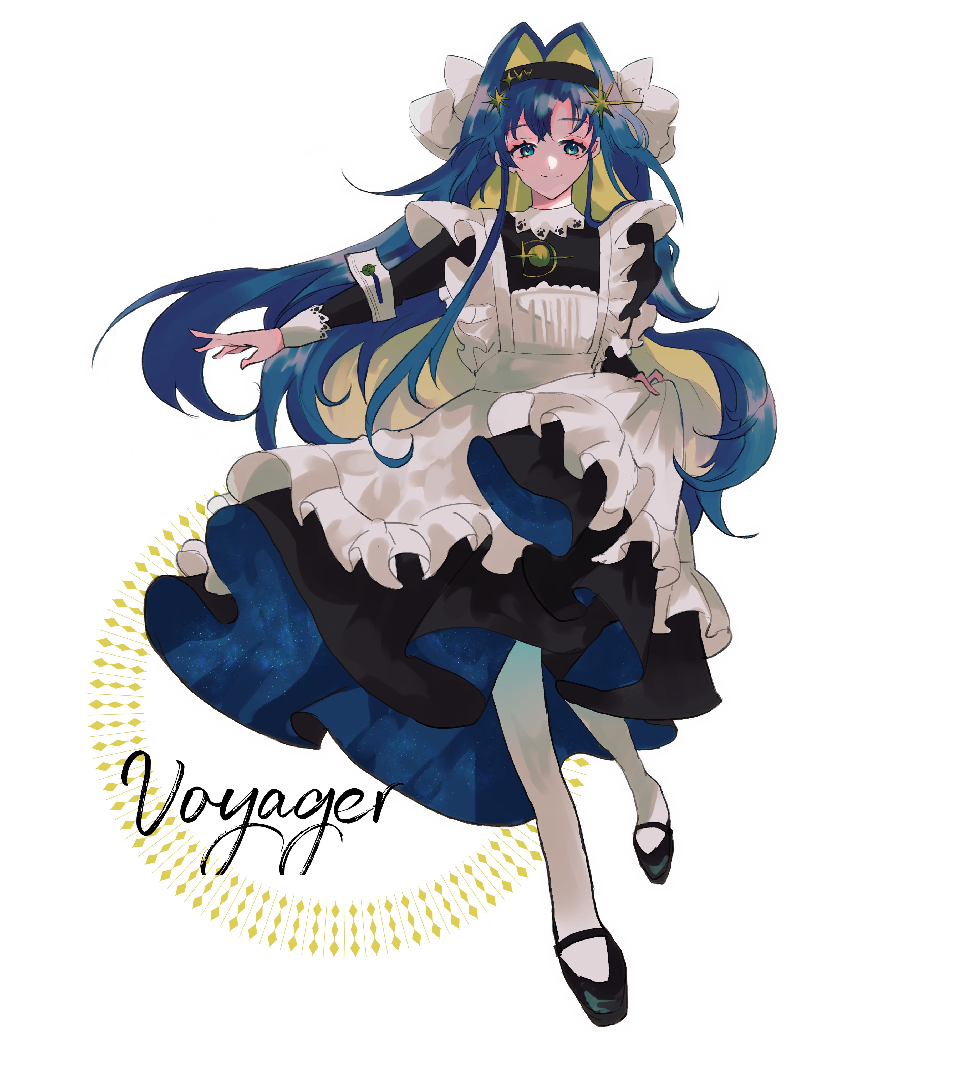 yoake nemuri, voyager (reverse:1999), reverse:1999, absurdres, highres, 1girl, apron, black dress, black hairband, black shoes, blonde hair, blue eyes, blue hair, character name, closed mouth, colored inner hair, dress, floating hair, frilled apron, frills, full body, hair ornament, hairband, leg up, long dress, long hair, multicolored hair, pantyhose, school uniform, shoes, skirt hold, smile, solo, soviet school uniform, standing, standing on one leg, star (symbol), star hair ornament, very long hair, white apron, white background, white pantyhose