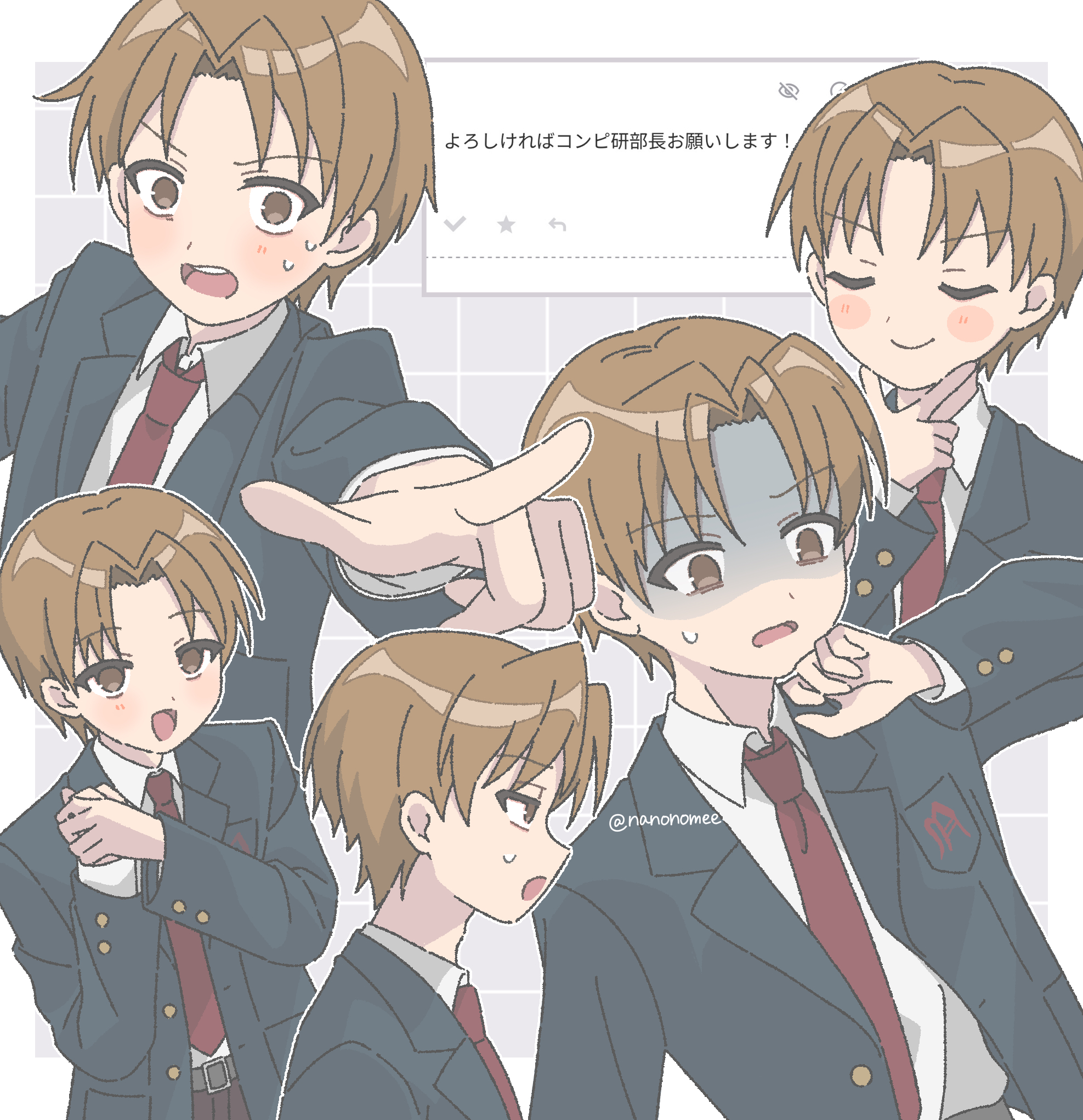 nanonome, computer club president (suzumiya haruhi), suzumiya haruhi no yuuutsu, commentary request, highres, 1boy, blazer, blush, blush stickers, brown hair, closed mouth, collared shirt, green jacket, jacket, kita high school uniform, long sleeves, male focus, multiple views, necktie, open clothes, open jacket, parted bangs, red necktie, school uniform, shirt, short hair, simple background, smile, sweatdrop, white background, white shirt, winter uniform