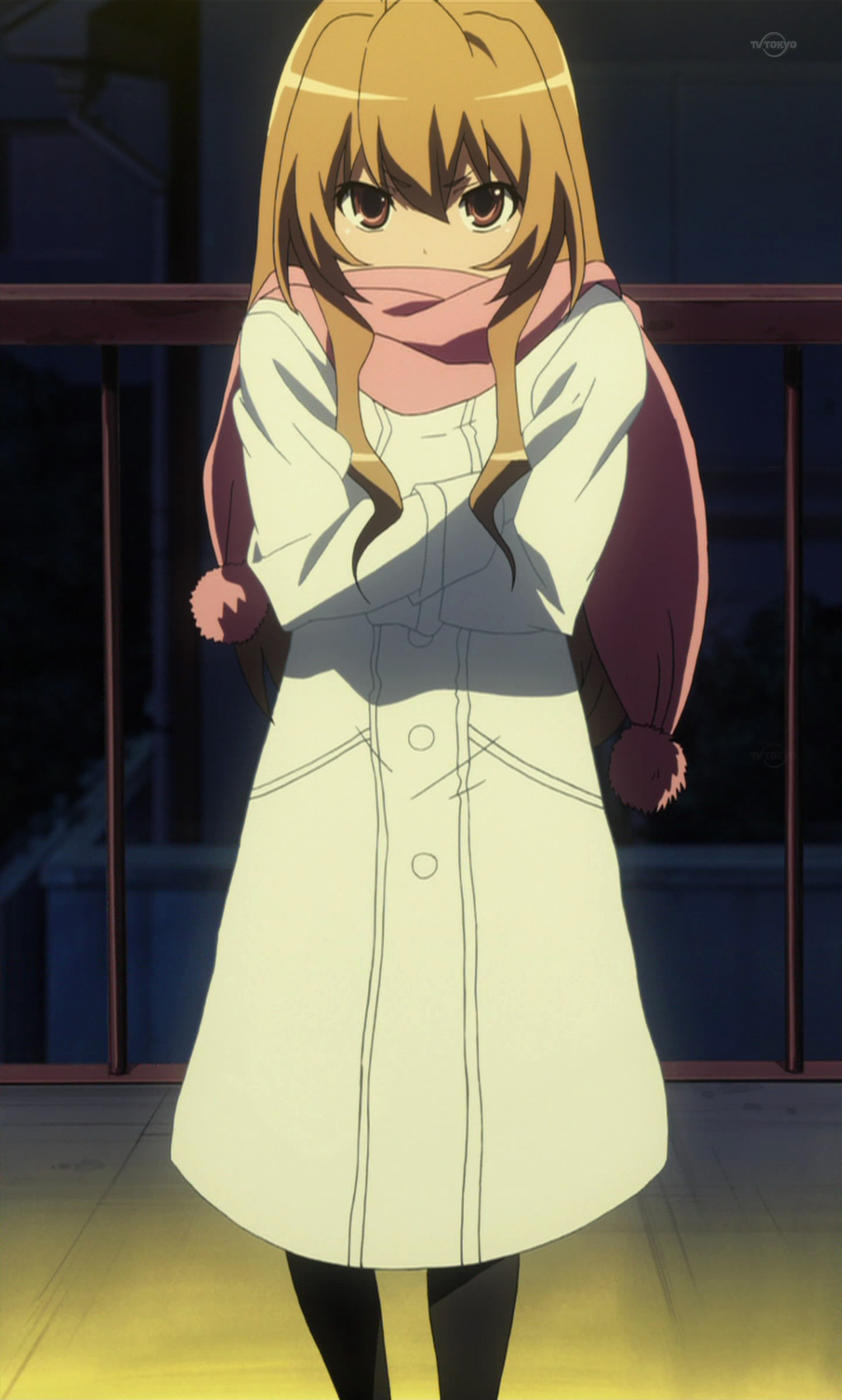 aisaka taiga, toradora!, anime screenshot, highres, stitched, third-party edit, 00s, coat, conscious, looking at viewer, pantyhose, scarf, solo, standing