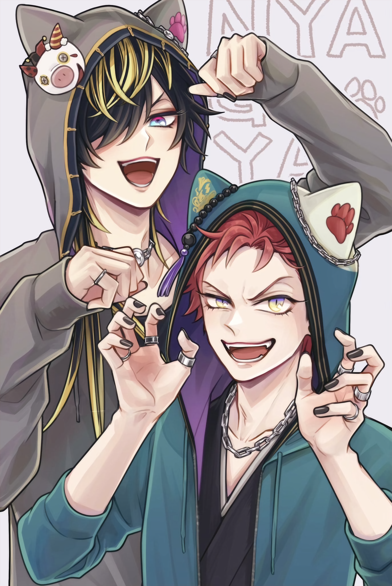 aimono jyushi, harai kuko, hypnosis mic, highres, 2boys, :d, animal ear hood, animal hood, aqua hoodie, black hair, black nails, blonde streaks, blue eyes, cat hood, chain, chain necklace, claw pose, fake animal ears, fangs, funkysounds, gradient eyes, grey hoodie, hair over one eye, half-closed eye, height difference, hood, hood up, hoodie, jewelry, looking at viewer, multicolored eyes, multicolored hair, multiple boys, necklace, open mouth, paw pose, pink eyes, red hair, ring, sleeves past wrists, smile, two-tone hair, upper body, yellow eyes