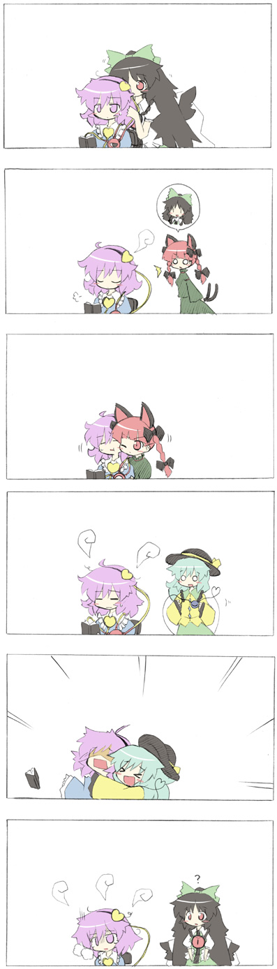 ransa, kaenbyou rin, komeiji koishi, komeiji satori, reiuji utsuho, touhou, highres, long image, tall image, 4girls, :t, ?, animal ears, black hair, book, cat ears, cat girl, cat tail, female focus, glomp, green hair, hair ribbon, hat, heart, heart of string, hug, multiple girls, o o, pink eyes, pink hair, red eyes, red hair, ribbon, smell, smelling, smelling hair, spoken character, tail, wings