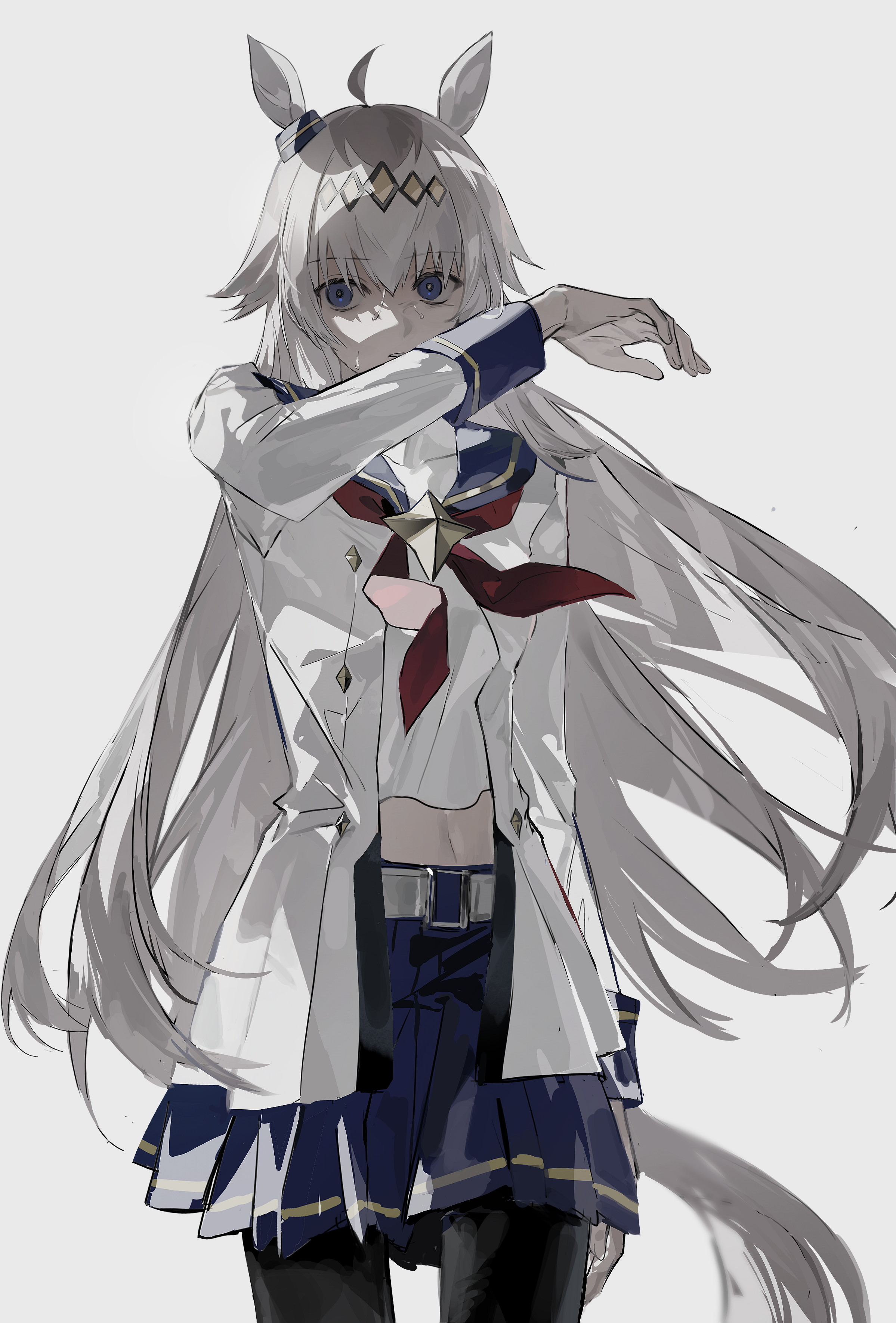qing yan xia, oguri cap (starlight beat) (umamusume), oguri cap (umamusume), umamusume, absurdres, highres, 1girl, ahoge, animal ears, arm at side, arm up, belt, belt buckle, black pantyhose, blouse, blue eyes, blue sailor collar, blue skirt, brooch, buckle, buttons, covered collarbone, cowboy shot, diamond button, diamond hairband, double-breasted, ear ornament, grey background, grey hair, grey tail, hair flaps, hairband, horse ears, horse girl, horse tail, jewelry, long hair, long sleeves, looking at viewer, midriff, miniskirt, navel, neckerchief, open clothes, open shirt, pantyhose, parted lips, pleated skirt, red neckerchief, sailor collar, sailor shirt, serious, shaded face, shirt, simple background, skirt, sleeve cuffs, solo, standing, star brooch, straight-on, sweat, tail, undershirt, very long hair, white belt, wiping face, wiping sweat