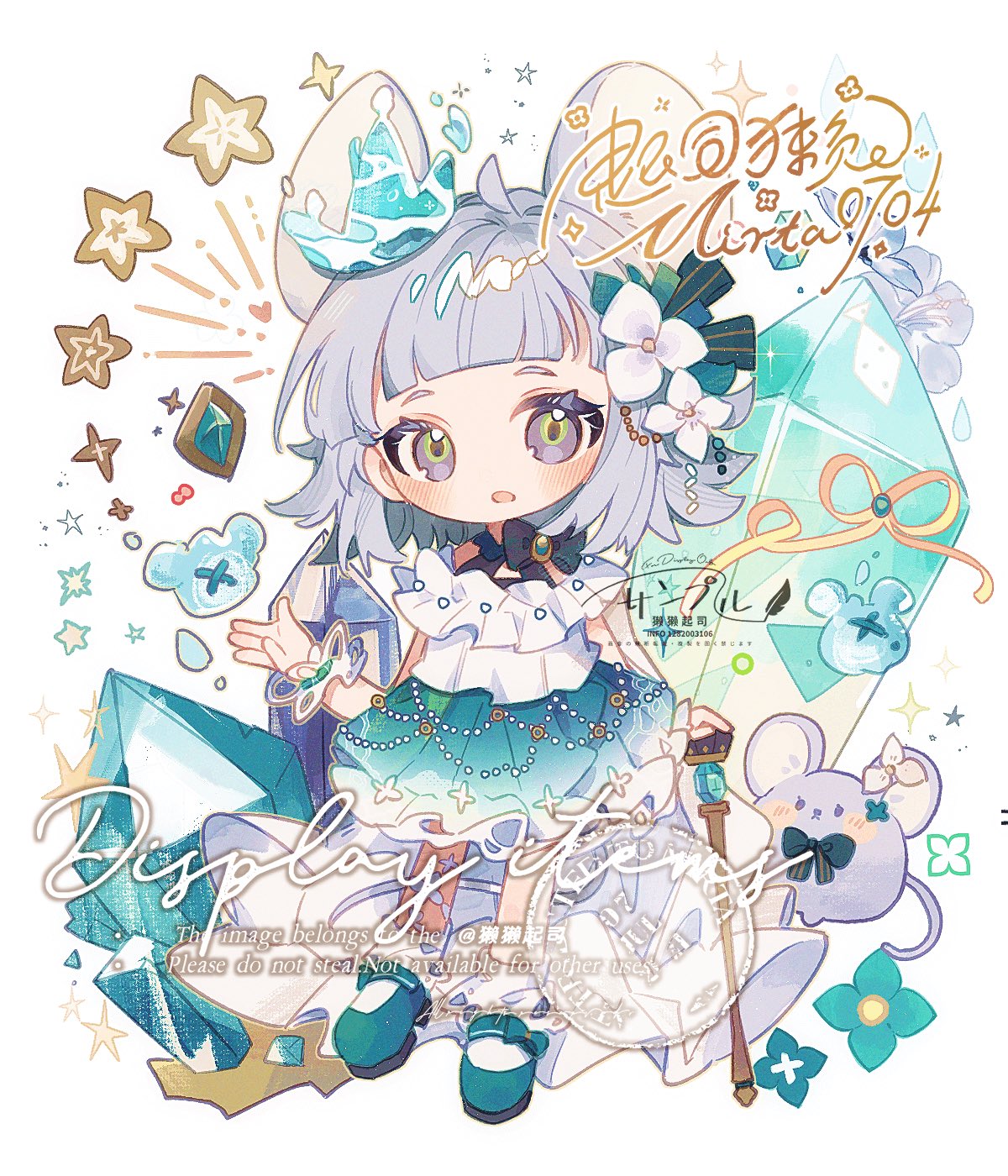 mirta, original, commentary, commission, highres, symbol-only commentary, 1girl, animal ears, artist name, blue skirt, blunt bangs, blush, chibi, chibi only, flower, full body, green shoes, grey hair, hair flower, hair ornament, hand up, looking at viewer, mouse (animal), mouse ears, mouse girl, open mouth, pleated skirt, purple eyes, shirt, shoes, short hair, short sleeves, simple background, skirt, socks, solo, standing, watermark, white background, white shirt, white socks