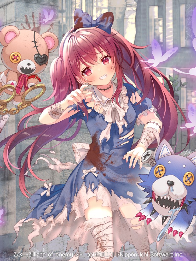 serino itsuki, z/x, official art, 1girl, bandaged arm, bandaged leg, bandages, blue bow, blue dress, bow, bug, butterfly, clenched teeth, copyright notice, dress, dress bow, glowing butterfly, hair bow, insect, long hair, looking at viewer, nei (z/x), outstretched arms, red eyes, red hair, smile, stitched arm, stitched neck, stitches, stuffed animal, stuffed toy, stuffed wolf, teddy bear, teeth, thighhighs, torn clothes, torn dress, torn thighhighs, twintails, white bow, white thighhighs, zombie pose