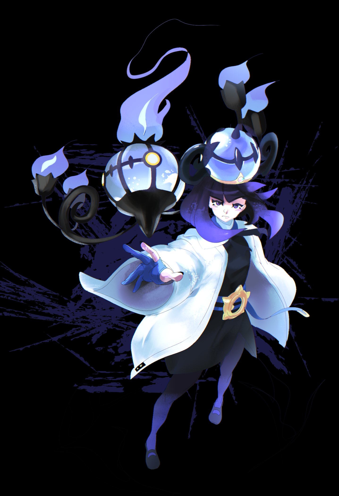 marnie (marnielovesyou), chandelure, nintendo, pokemon, pokemon legends: z-a, commentary, highres, 1girl, belt, belt buckle, black dress, black hair, blue belt, blue gloves, buckle, closed mouth, coat, dress, frown, gen 5 pokemon, gloves, gwynn (pokemon), looking at viewer, open clothes, open coat, pantyhose, partially fingerless gloves, pokemon (creature), purple eyes, purple hair, shoes, spread fingers, white coat