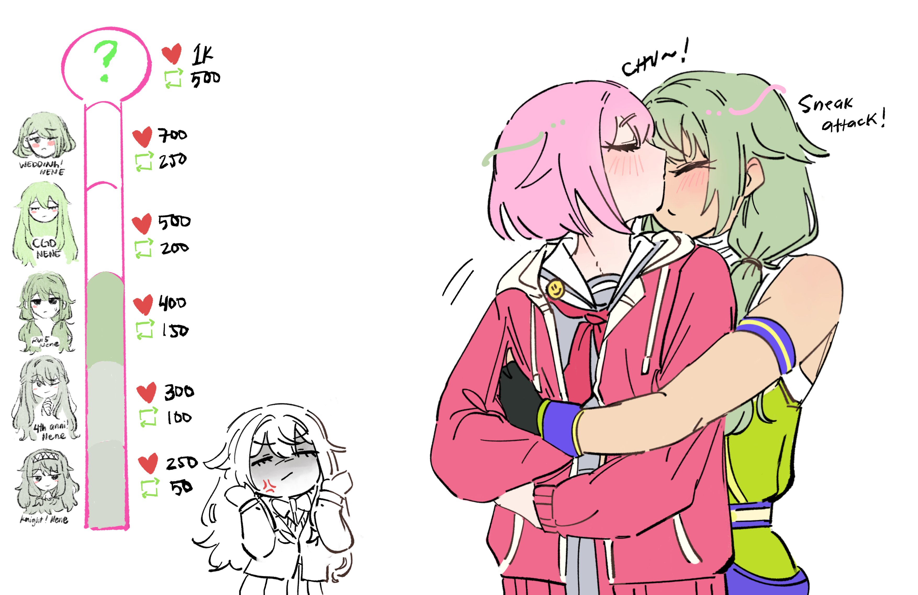 kcmvnd, kusanagi nene, ootori emu, project sekai, absurdres, commentary, english commentary, highres, 2girls, anger vein, black gloves, blush, closed eyes, english text, gloves, green hair, green shirt, grey serafuku, grey shirt, grey skirt, hood, hoodie, hug, hug from behind, kiss, kiss meter (meme), kissing forehead, long hair, meme, multiple girls, multiple persona, neckerchief, pink hair, pink hoodie, red neckerchief, school uniform, serafuku, shirt, short hair, skirt, sleeveless, sleeveless shirt, twintails, yuri