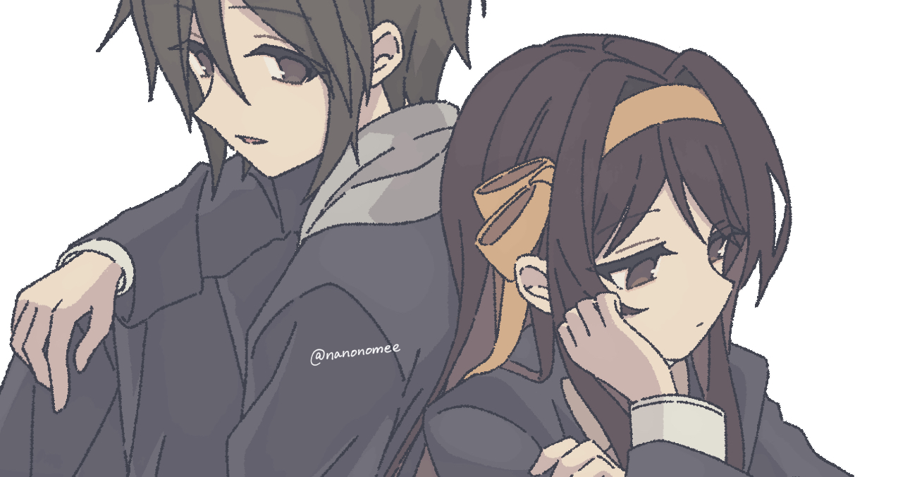 nanonome, koizumi itsuki, suzumiya haruhi, suzumiya haruhi no shoushitsu, suzumiya haruhi no yuuutsu, commentary request, 1boy, 1girl, alternate hairstyle, bow, bowtie, brown bow, brown bowtie, brown eyes, brown hair, brown jacket, closed mouth, hairband, jacket, kouyouen academy school uniform, long hair, long sleeves, official alternate costume, ribbon, school uniform, simple background, white background, winter uniform, yellow hairband, yellow ribbon