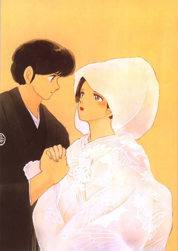 takahashi rumiko, godai yusaku, godai yuusaku, otonashi kyouko, maison ikkoku, official art, 1boy, 1girl, black hair, bride, couple, hetero, japanese clothes, kimono, lipstick, makeup, uchikake, wedding, white kimono