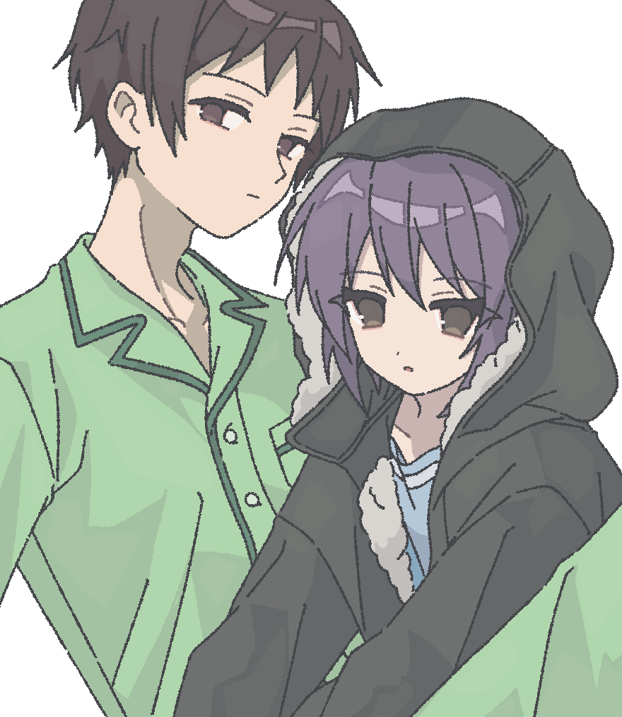 nanonome, kyon, nagato yuki, suzumiya haruhi no shoushitsu, suzumiya haruhi no yuuutsu, commentary request, 1boy, 1girl, brown eyes, brown hair, closed mouth, coat, fur-trimmed coat, fur trim, green coat, green pajamas, hood, hood up, looking at viewer, pajamas, purple hair, short hair, simple background, white background