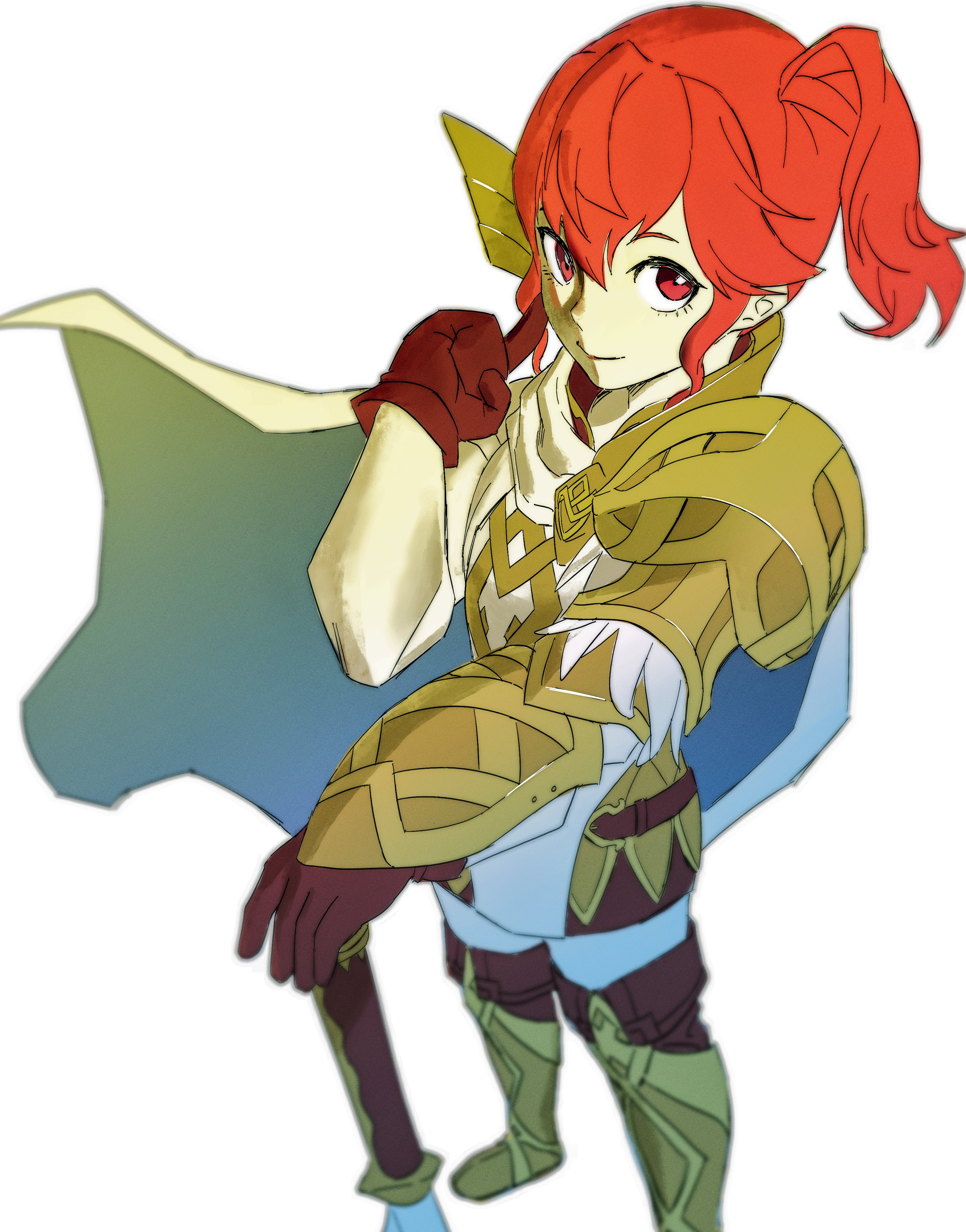 kwajia3, anna (fire emblem), fire emblem, fire emblem heroes, nintendo, absurdres, commentary, hashtag-only commentary, highres, 1girl, armor, axe, brown gloves, cape, closed mouth, gloves, hair between eyes, index finger raised, looking at viewer, pauldrons, ponytail, red eyes, red hair, short hair, shoulder armor, simple background, smile, solo, weapon, white background, white cape