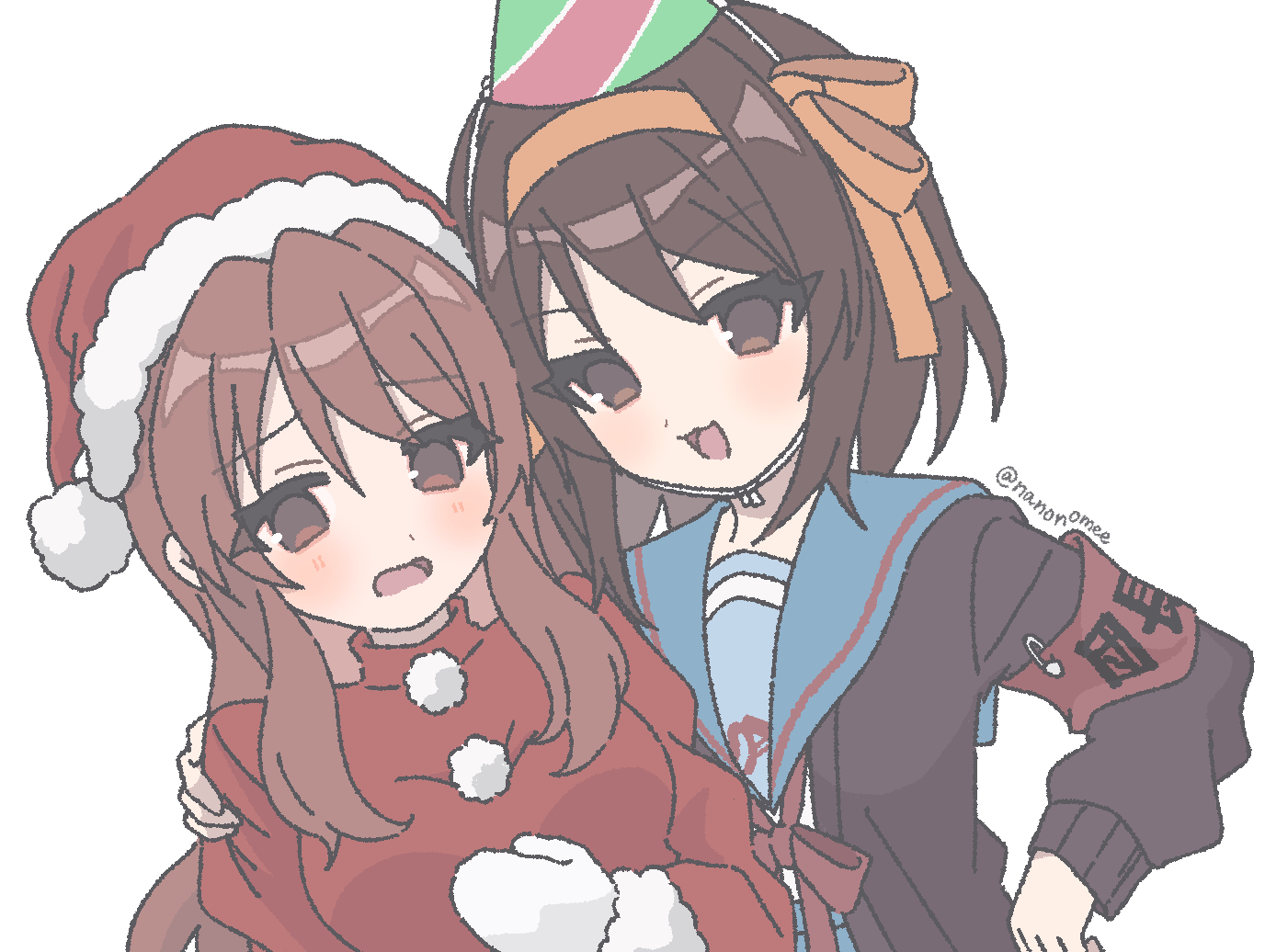 nanonome, asahina mikuru, suzumiya haruhi, suzumiya haruhi no shoushitsu, suzumiya haruhi no yuuutsu, commentary request, 2girls, arm on another's shoulder, armband, blue sailor collar, blush, brown cardigan, brown hair, cardigan, christmas, dot nose, embarrassed, fur-trimmed headwear, fur trim, hair ribbon, hairband, hat, long hair, long sleeves, medium hair, mittens, multiple girls, no pupils, party hat, red armband, red shirt, ribbon, sailor collar, santa hat, shirt, sidelocks, simple background, straight hair, tareme, twitter username, upper body, v-shaped eyebrows, wavy mouth, white background, white mittens, winter uniform, yellow ribbon