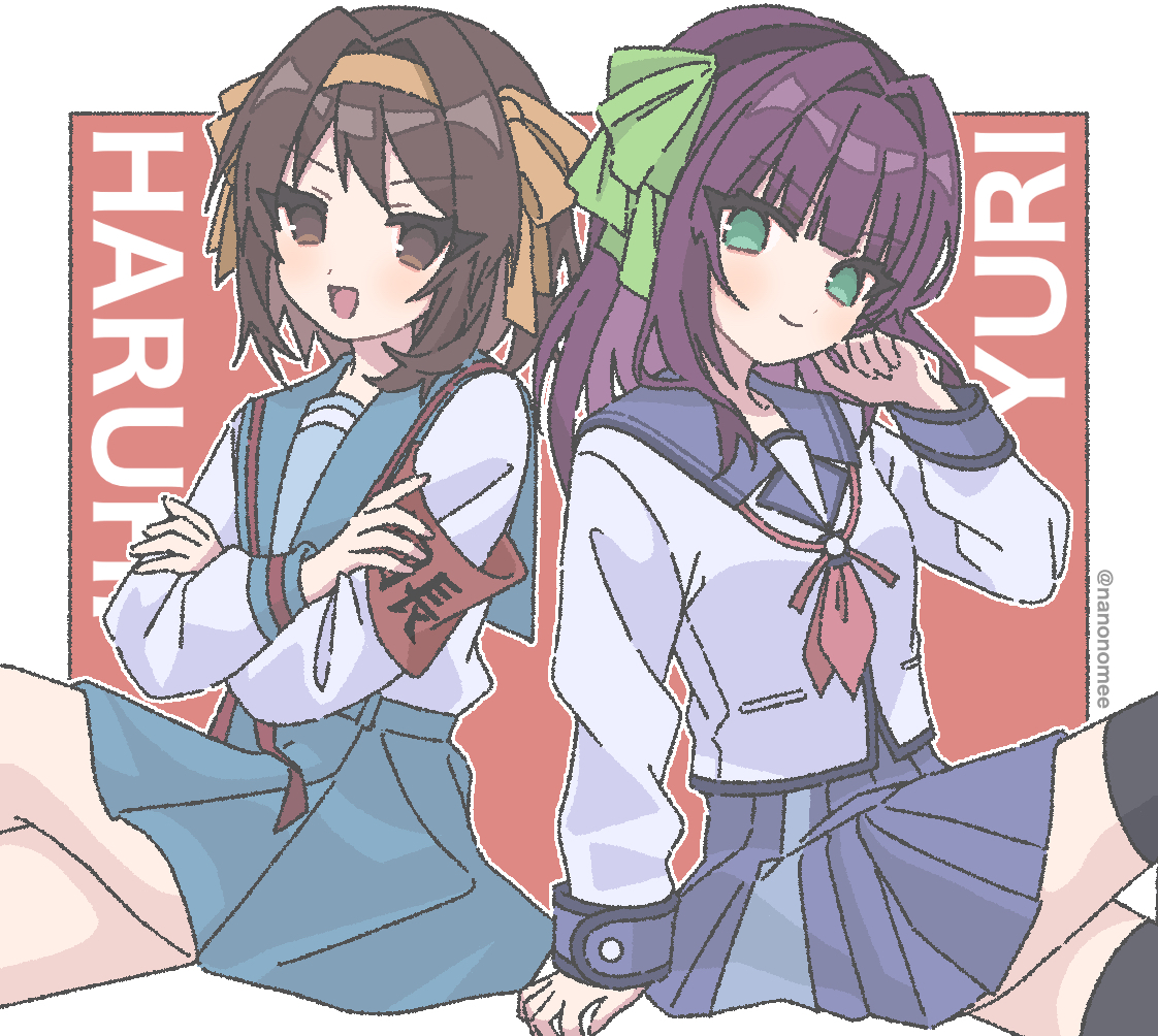 nanonome, nakamura yuri, suzumiya haruhi, angel beats!, suzumiya haruhi no yuuutsu, commentary request, >:), 2girls, :d, arm at side, armband, black hairband, black thighhighs, blue sailor collar, blue skirt, blunt bangs, blush, border, brown eyes, brown hair, character name, closed mouth, crossed arms, crossed legs, crossover, eyes visible through hair, feet out of frame, green eyes, green ribbon, hair between eyes, hair intakes, hair ribbon, hairband, hand up, kita high school uniform, long sleeves, look-alike, looking at viewer, medium hair, miniskirt, multiple girls, neckerchief, open mouth, orange hairband, orange ribbon, outside border, pink neckerchief, pleated skirt, purple hair, red armband, red background, ribbon, sailor collar, school uniform, serafuku, shirt, side-by-side, sidelocks, simple background, sitting, skirt, smile, thighhighs, twitter username, v-shaped eyebrows, white border, white shirt, winter uniform, zettai ryouiki