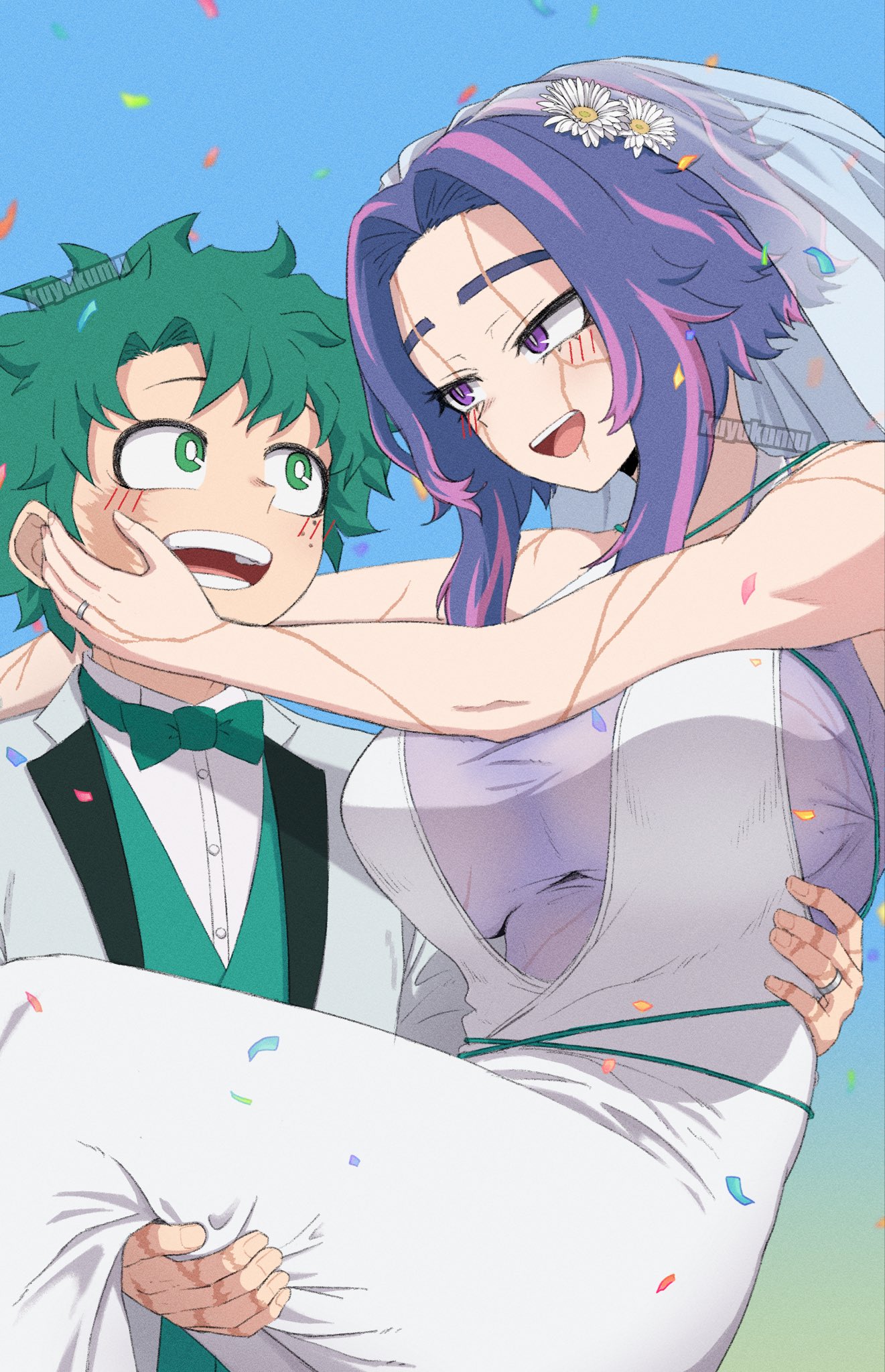 dotoyazuki, lady nagant, midoriya izuku, boku no hero academia, commentary, highres, symbol-only commentary, 1boy, 1girl, artist name, blue background, blush, bow, bowtie, breasts, bridal veil, bride, bright pupils, carrying, confetti, dress, eyebrow cut, formal clothes, gradient background, green bow, green bowtie, green vest, groom, hand on another's back, hand on another's face, hand on another's leg, jewelry, large breasts, looking at another, multicolored hair, princess carry, purple hair, ring, scar, scar across eye, scar on arm, scar on face, scar on hand, shirt, smile, suit, two-tone hair, veil, vest, wedding dress, wedding ring, white pupils, white shirt, white suit
