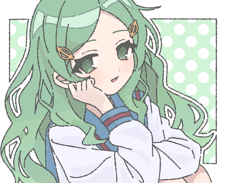 nanonome, kimidori emiri, suzumiya haruhi no yuuutsu, commentary request, 1girl, :d, blue sailor collar, green hair, hand on own cheek, hand on own face, kita high school uniform, long hair, long sleeves, open mouth, sailor collar, school uniform, serafuku, shirt, smile, solo, tongue, white shirt, winter uniform