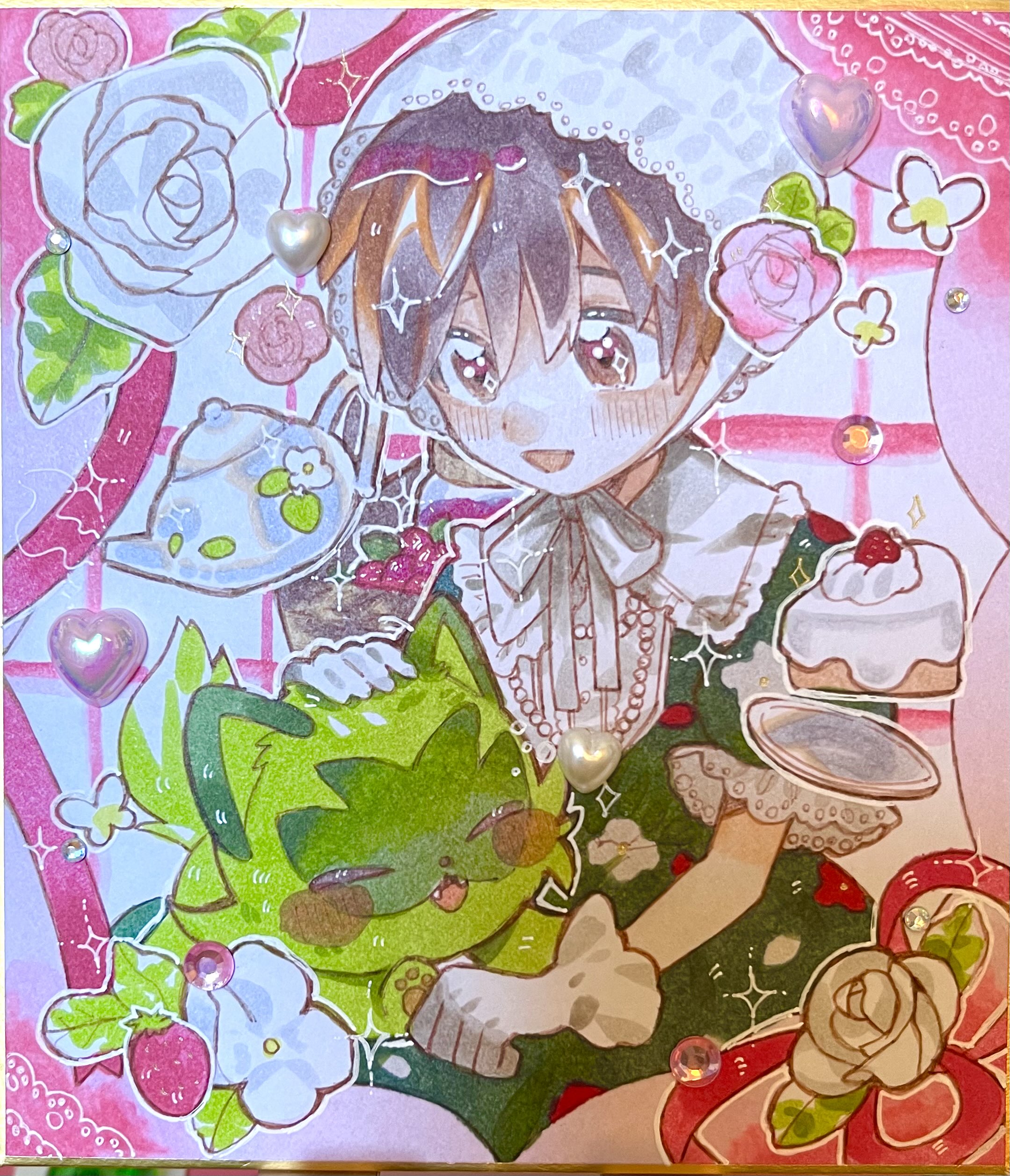 hei tai (kyaputen1), florian (pokemon), sprigatito, nintendo, pokemon, pokemon sv, absurdres, commentary request, highres, traditional media, 1boy, :d, beads, blush, bonnet, brown eyes, brown hair, crossdressing, crossdressing (mtf), dress, flower, food, gloves, green dress, happy, looking down, male focus, neck ribbon, open mouth, petting, pokemon (creature), ribbon, short hair, smile, sparkle, teapot, white gloves