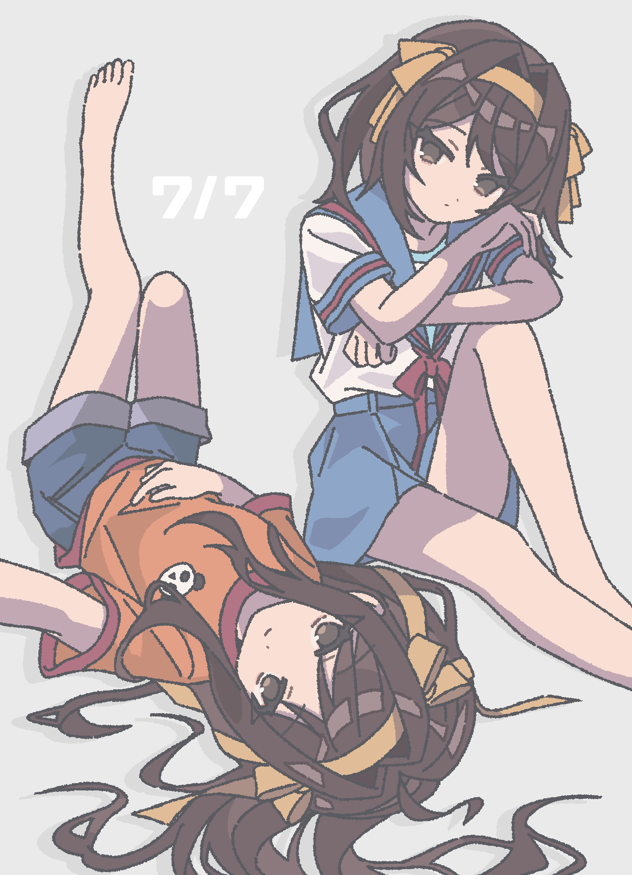 nanonome, suzumiya haruhi, suzumiya haruhi (young), suzumiya haruhi no yuuutsu, commentary request, highres, 2girls, aged down, barefoot, blue sailor collar, blue shorts, brown eyes, brown hair, closed mouth, denim, denim shorts, dual persona, grey background, hair ribbon, hairband, kita high school uniform, knee up, long hair, lying, medium hair, multiple girls, on back, orange hairband, orange shirt, red ribbon, ribbon, sailor collar, school uniform, serafuku, shirt, short sleeves, shorts, simple background, sitting, toes