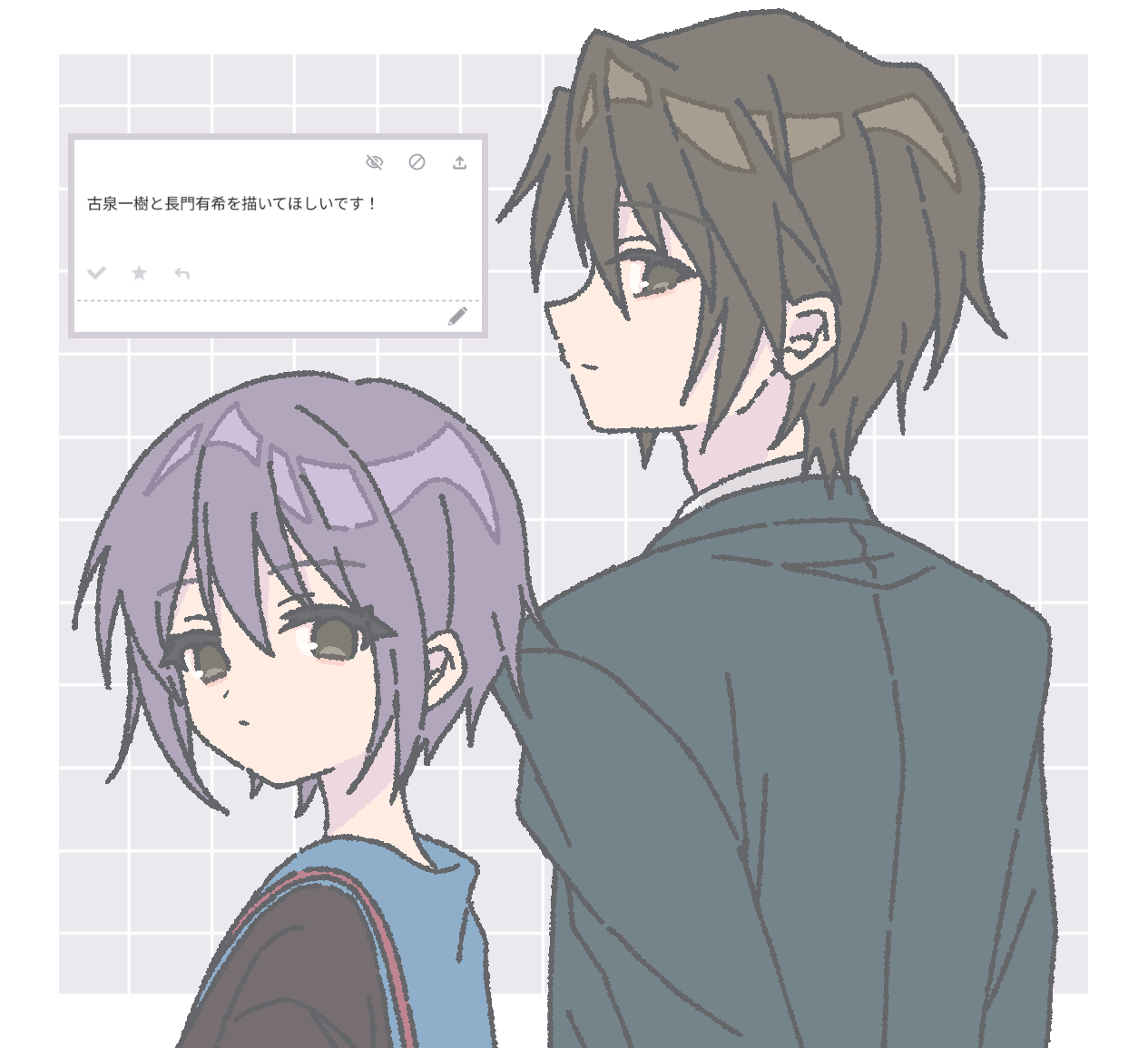 nanonome, koizumi itsuki, nagato yuki, suzumiya haruhi no yuuutsu, commentary request, translation request, 1boy, 1girl, blazer, blue sailor collar, brown cardigan, cardigan, closed mouth, green jacket, hair between eyes, jacket, kita high school uniform, long sleeves, looking at viewer, looking back, sailor collar, school uniform, serafuku, winter uniform