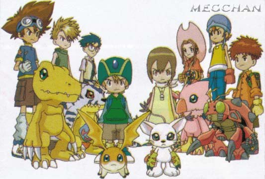 agumon, gabumon, ishida yamato, izumi koshiro, kido jo, patamon, piyomon, tachikawa mimi, tailmon, takaishi takeru, takenouchi sora, tentomon, yagami hikari, yagami taichi, digimon, digimon adventure, toei company, green headwear, pink headwear, 3girls, 5boys, backpack, bag, blonde hair, brown hair, denim, digimon (creature), dress, everyone, glasses, gloves, goggles, green shirt, hat, jeans, multiple boys, multiple girls, pants, shirt, sleeveless, stampede string, t-shirt, yellow shirt
