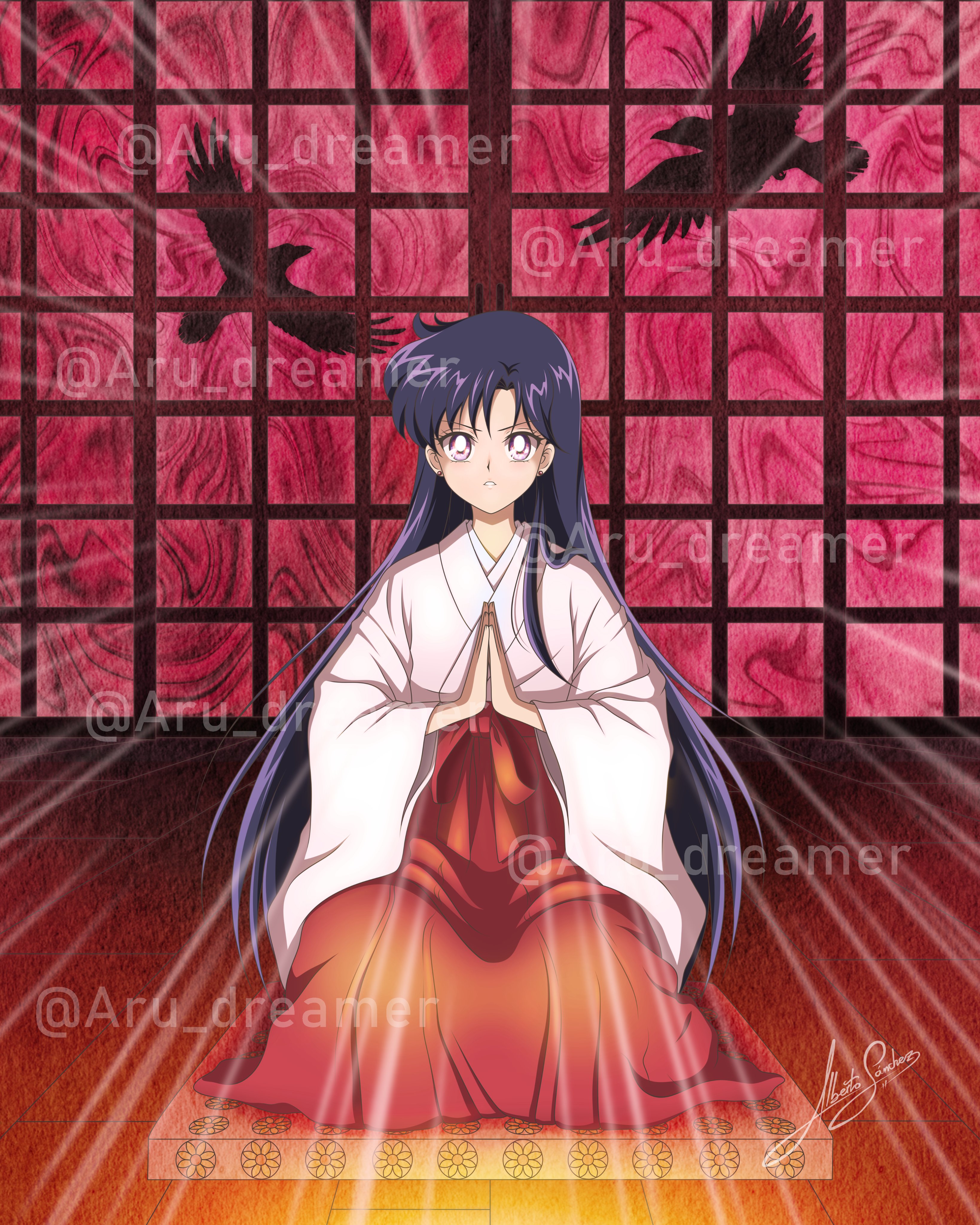 aru dreamer, deimos (sailor moon), hino rei, phobos (sailor moon), bishoujo senshi sailor moon, absurdres, highres, bird, black hair, chihaya (clothing), crow, hakama, hakama skirt, japanese clothes, kimono, long hair, miko, obnoxious watermark, own hands together, purple eyes, purple hair, red hakama, skirt, v-shaped eyebrows, watermark, watermark grid, white kimono