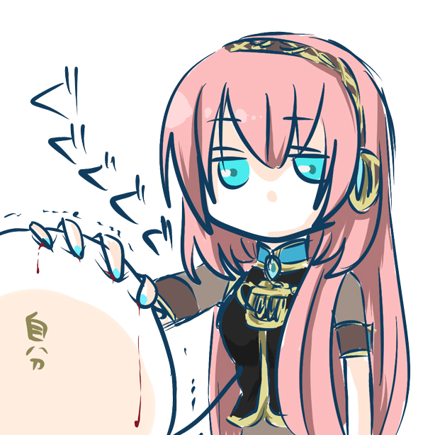 soudou, megurine luka, vocaloid, bad id, bad pixiv id, 1girl, aqua eyes, blood, blue nails, female focus, headphones, long hair, nail polish, pink hair, solo