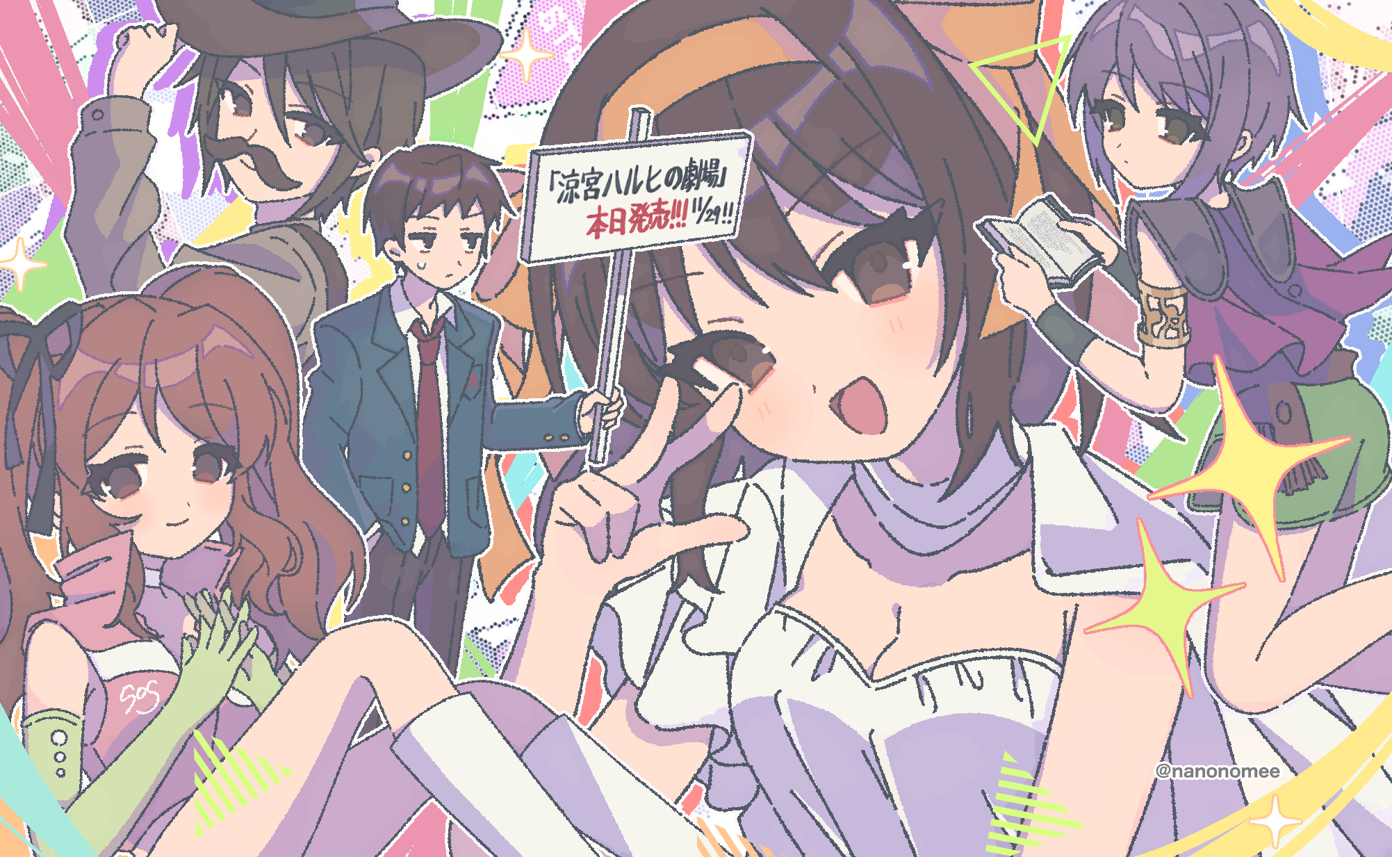 nanonome, asahina mikuru, koizumi itsuki, kyon, nagato yuki, suzumiya haruhi, suzumiya haruhi no yuuutsu, highres, 2boys, 3girls, black ribbon, blazer, breasts, brown eyes, brown hair, brown hat, brown pants, brown shirt, brown vest, cleavage, closed mouth, collarbone, collared shirt, cowboy hat, dress, fake facial hair, fake mustache, green jacket, green shorts, hairband, hand in pocket, hat, holding, holding sign, jacket, kita high school uniform, knees up, long sleeves, medium hair, multiple boys, multiple girls, necktie, official alternate costume, open clothes, open jacket, pants, purple hair, red necktie, red shirt, ribbon, school uniform, shirt, short hair, shorts, sign, sitting, smile, sos brigade, sparkle, sweatdrop, thighs, twintails, untucked shirt, vest, white dress, white shirt, winter uniform, yellow hairband, yellow ribbon