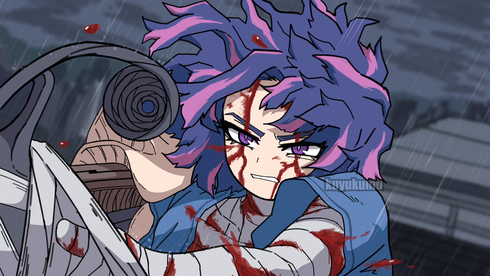 dotoyazuki, lady nagant, boku no hero academia, commentary, highres, 1girl, bandaged arm, bandaged chest, bandaged neck, bandages, blood, blood on clothes, blood on face, bloody bandages, clenched teeth, hospital gown, multicolored hair, pink hair, purple eyes, purple hair, rain, scar, scar on face, short hair, teeth