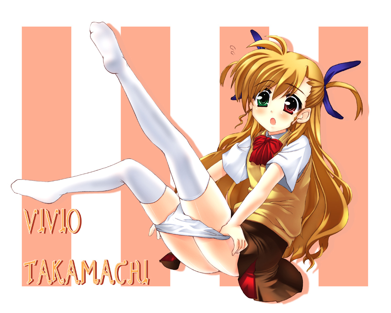 iga tamaki, vivio, lyrical nanoha, mahou shoujo lyrical nanoha, mahou shoujo lyrical nanoha strikers, 00s, blonde hair, feet, hair ribbon, heterochromia, panties, panty pull, ribbon, school uniform, short twintails, skirt, solo, thighhighs, twintails, two side up, underwear, white thighhighs