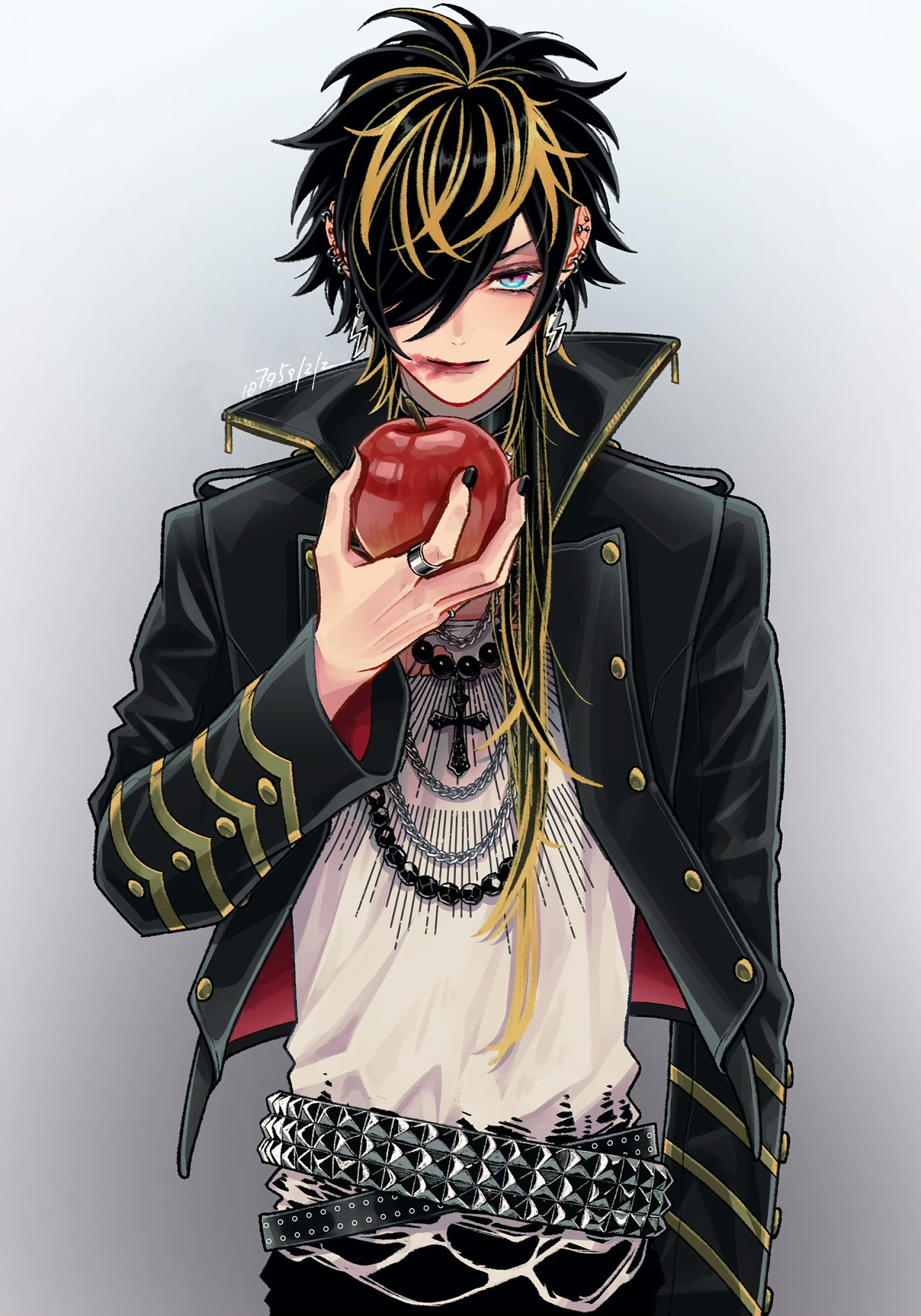 aimono jyushi, hypnosis mic, absurdres, highres, 1boy, apple, belt, bishounen, black hair, black jacket, black nails, black pants, blonde streaks, blue eyes, chain, chain necklace, cropped jacket, cross, cross necklace, ear piercing, earrings, food, fruit, funkysounds, furrowed brow, gradient eyes, hair over one eye, holding, holding food, holding fruit, jacket, jewelry, lipstick, looking at viewer, makeup, male focus, multicolored eyes, multicolored hair, multiple belts, multiple necklaces, necklace, pants, pearl necklace, piercing, pink eyes, popped collar, red lips, ring, shirt, smeared lipstick, straight-on, studded belt, torn clothes, two-tone hair, white shirt, yellow trim