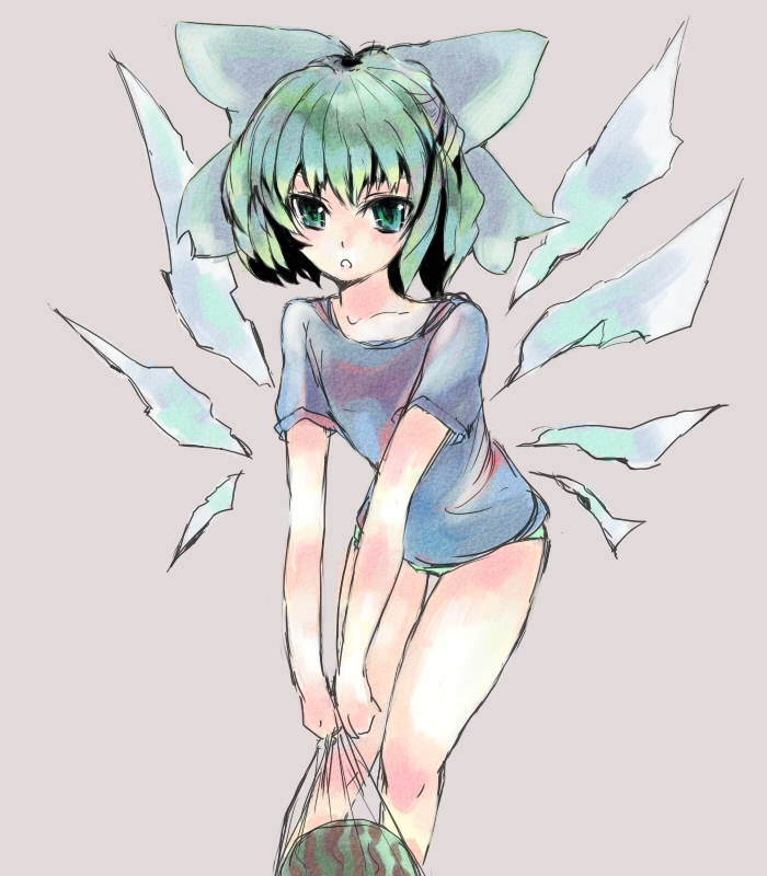 hei (tonarinohey), cirno, touhou, bad id, bad pixiv id, 1girl, alternate costume, aqua hair, casual, female focus, food, fruit, green eyes, hair ribbon, net, panties, ribbon, solo, underwear, watermelon, wings
