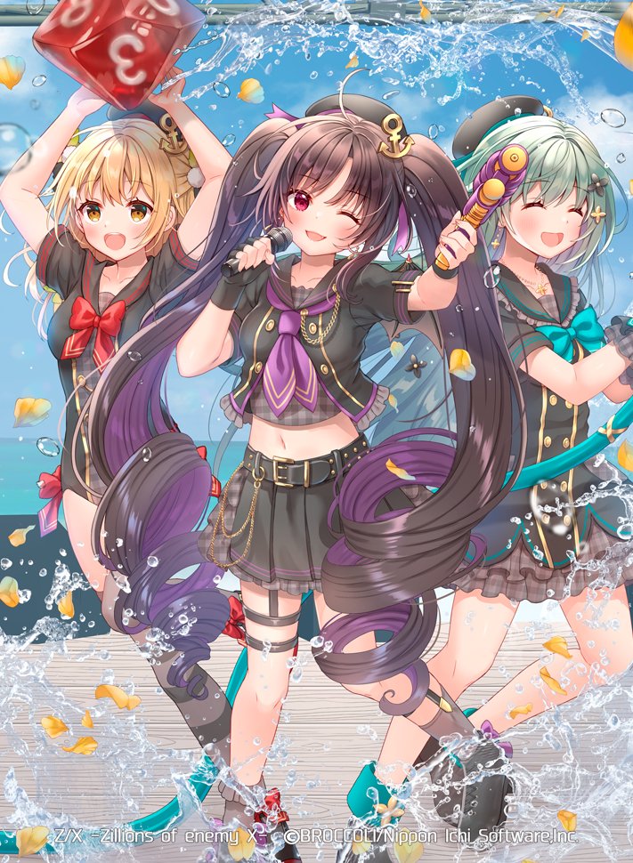 serino itsuki, enju (z/x), z/x, official art, 3girls, ahoge, aqua bow, aqua bowtie, arane (z/x), bare arms, belt, black belt, black dress, black hair, black hat, black shirt, black shoes, blonde hair, blue skirt, bow, bowtie, cana (z/x), closed eyes, colored inner hair, copyright notice, dice, dress, drill hair, green hair, hair ornament, hat, holding, holding microphone, holding water gun, hose, long hair, medium hair, microphone, midriff, multicolored hair, multiple girls, navel, neckerchief, one eye closed, open mouth, orange pepper, pom pom (clothes), pom pom hair ornament, purple hair, purple neckerchief, red bow, red bowtie, red eyes, shirt, shoes, skirt, splashing, stage, standing, standing on one leg, striped clothes, teeth, twin drills, upper teeth only, vertical-striped clothes, water gun, yellow eyes