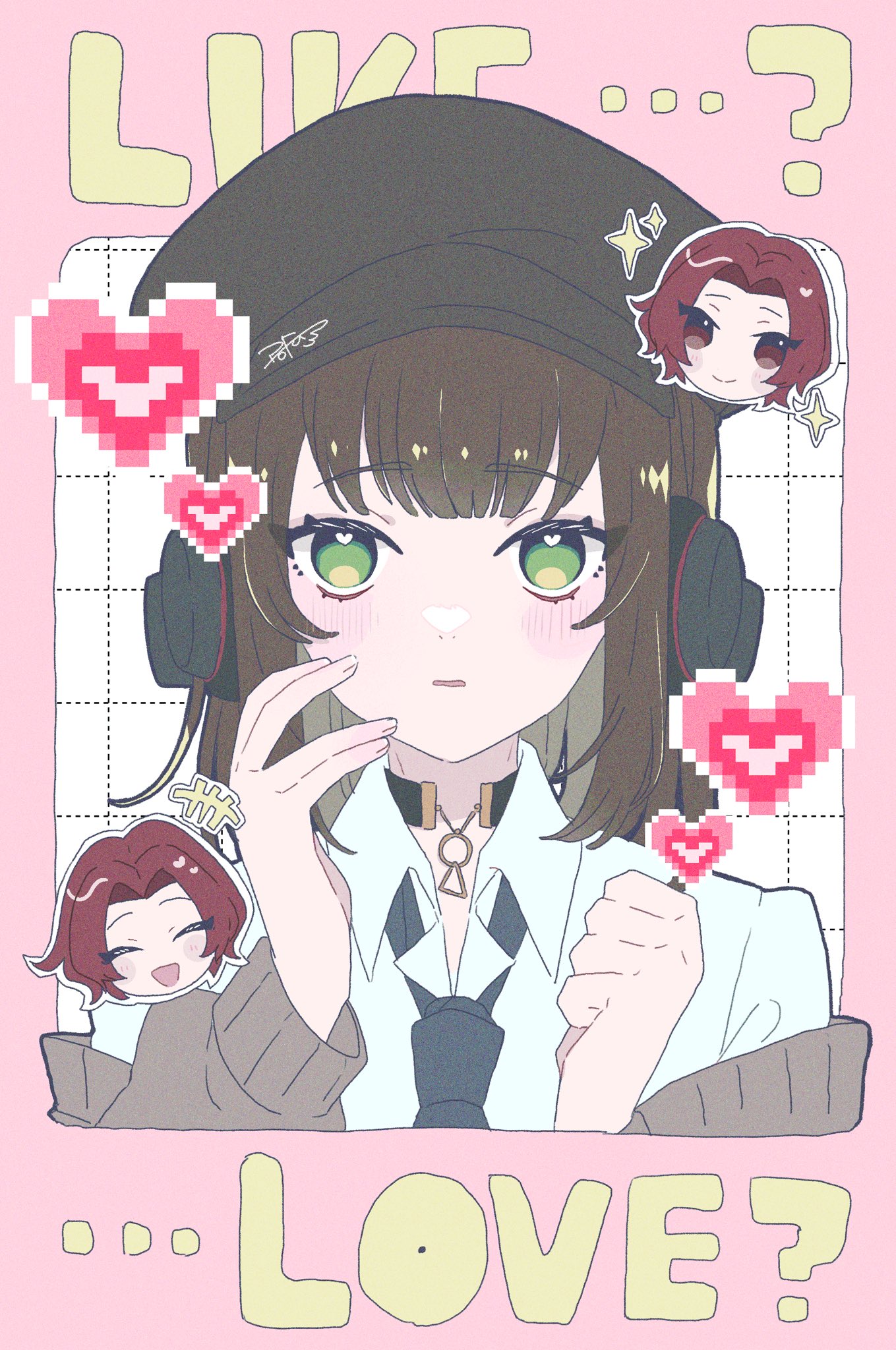 popo mocomoco, sakai ayaka, persona, persona 5, persona 5: the phantom x, highres, mixed-language commentary, 1boy, 1girl, black hat, black necktie, blush, brown hair, chibi, closed eyes, closed mouth, collared shirt, english text, green eyes, grey jacket, hat, heart, jacket, kamishiro nagisa, long sleeves, looking at viewer, necktie, newsboy cap, off shoulder, open mouth, red eyes, red hair, shirt, short hair, smile