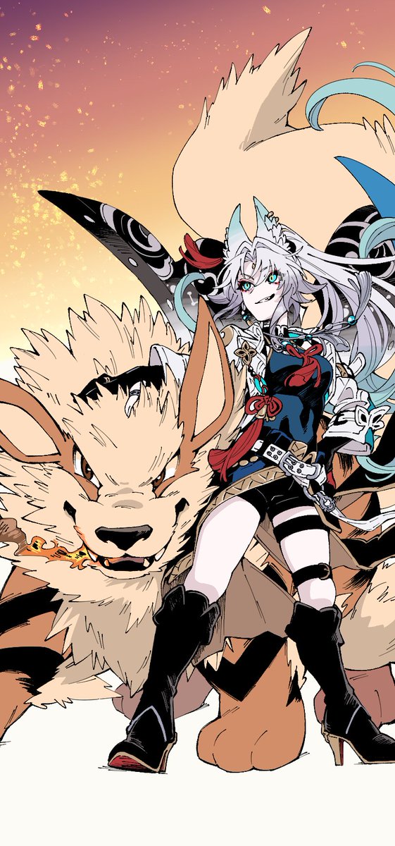 ayunyan pere, arcanine, feixiao (honkai: star rail), honkai: star rail, honkai (series), nintendo, pokemon, highres, 1girl, animal ear fluff, animal ear piercing, animal ears, belt, black gloves, breasts, collared coat, eyeliner, fangs, fire, fluffy, forehead jewel, fox ears, fox girl, gen 1 pokemon, gloves, green eyes, grin, high heels, high ponytail, long hair, makeup, orange fur, ponytail, red eyeliner, smile, very long hair, white belt, white hair